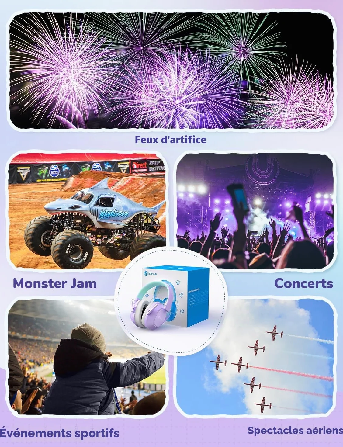 iClever Écouteurs antibruit pour enfants 26 dB NRR sécurité protection auditive Vert pourpre