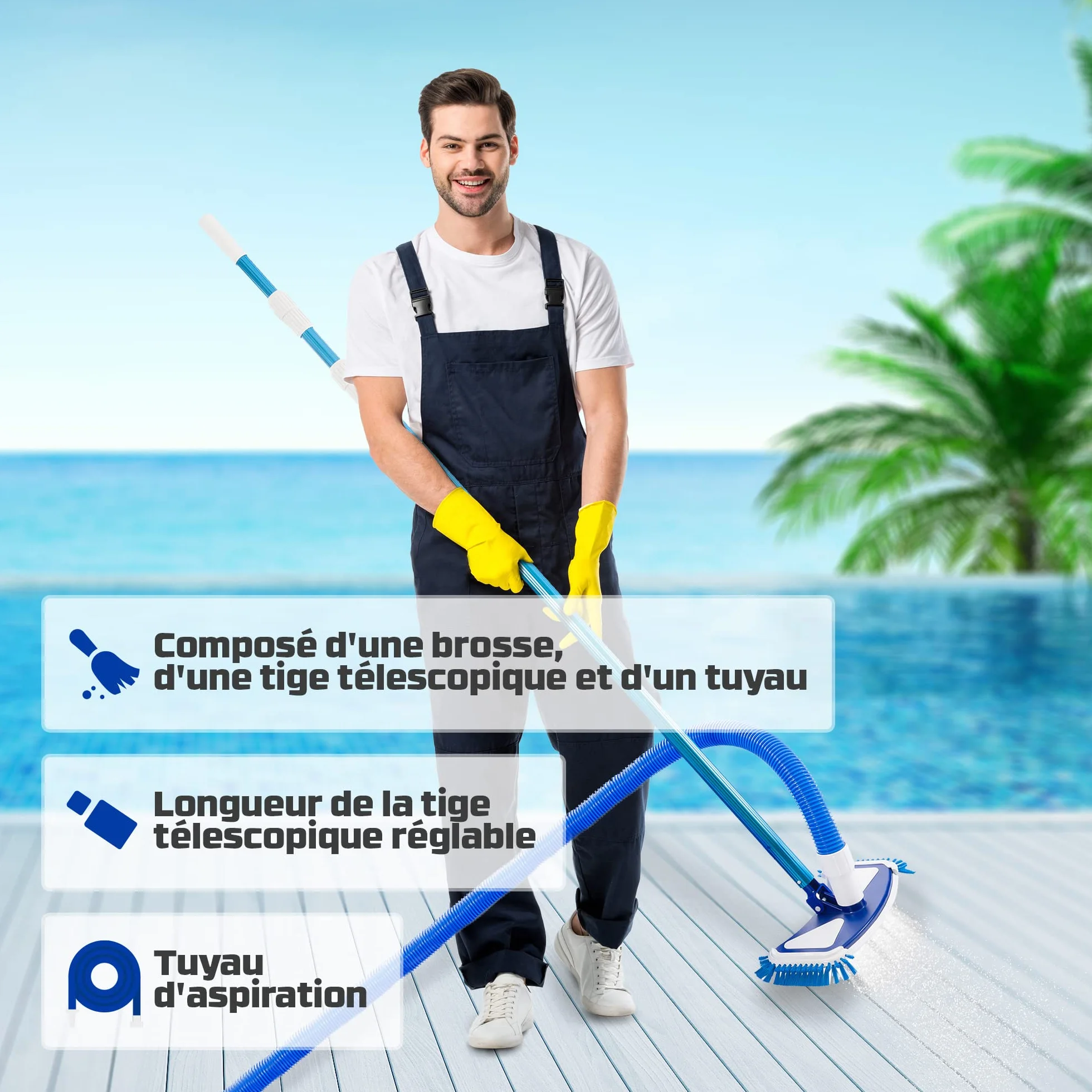 Arebos Brosse de Piscine avec Perche Télescopique et Tuyau Aspirateur