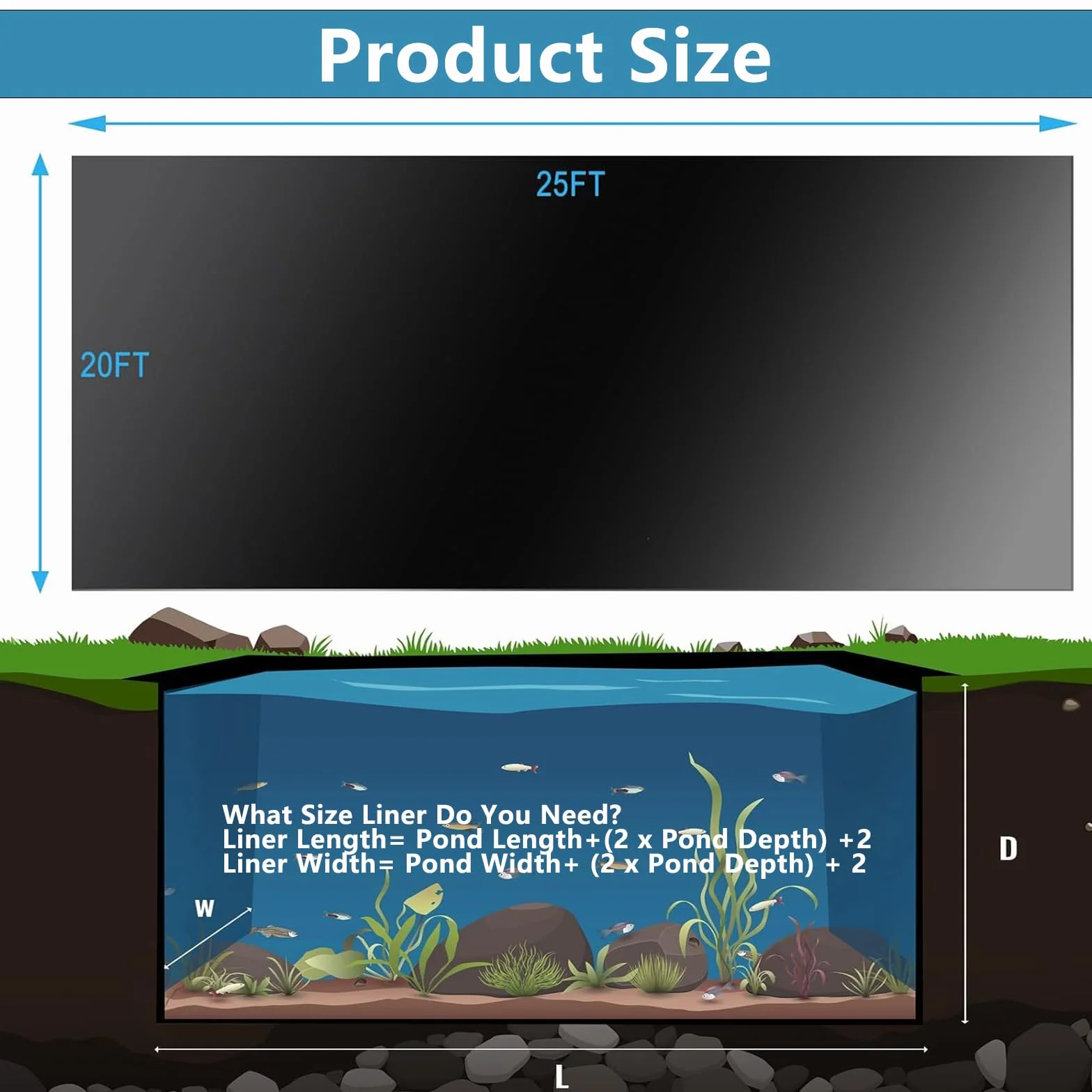 Bâche pour Bassin 6 x 6 m PVC Noire Robuste Liner Flexible pour Bassin Poisson Jardin