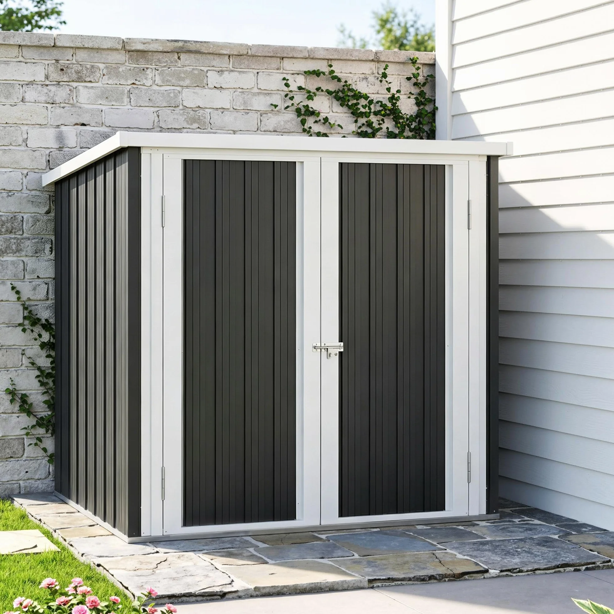 Outsunny Abri de Jardin 1,09 m² Cabanon Rangement Outils 2 Portes verrouillables 147L x 86l x 134H cm tôle d'acier Noir Blanc