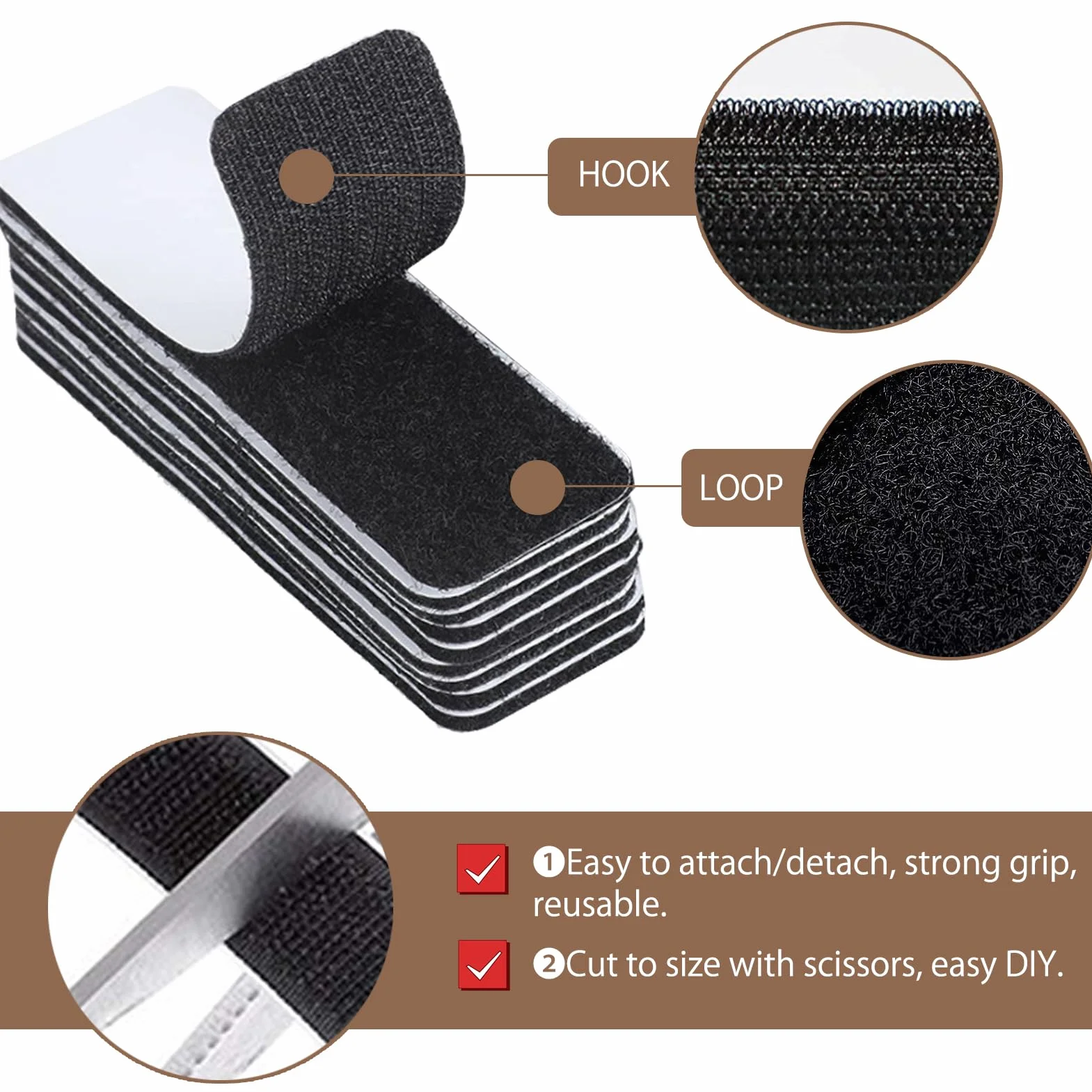 Lot de 70 bandes adhésives double face 10,16 cm crochet et boucle - Fixation sans trous ni vis - Noir