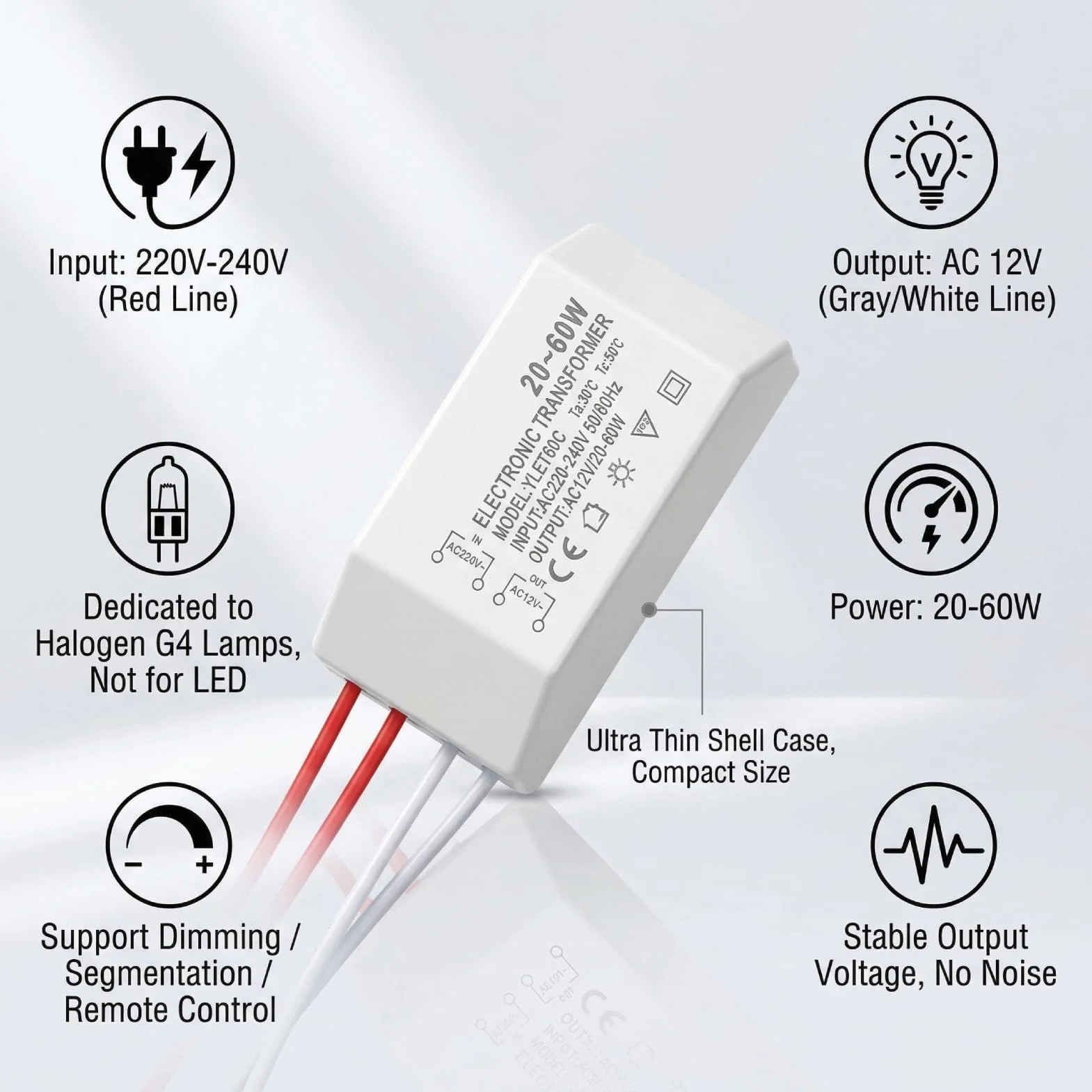 Convertisseur de Tension 220V AC 12V Transformateur électronique 20-60W Pilote Alimentation Intelligent G4
