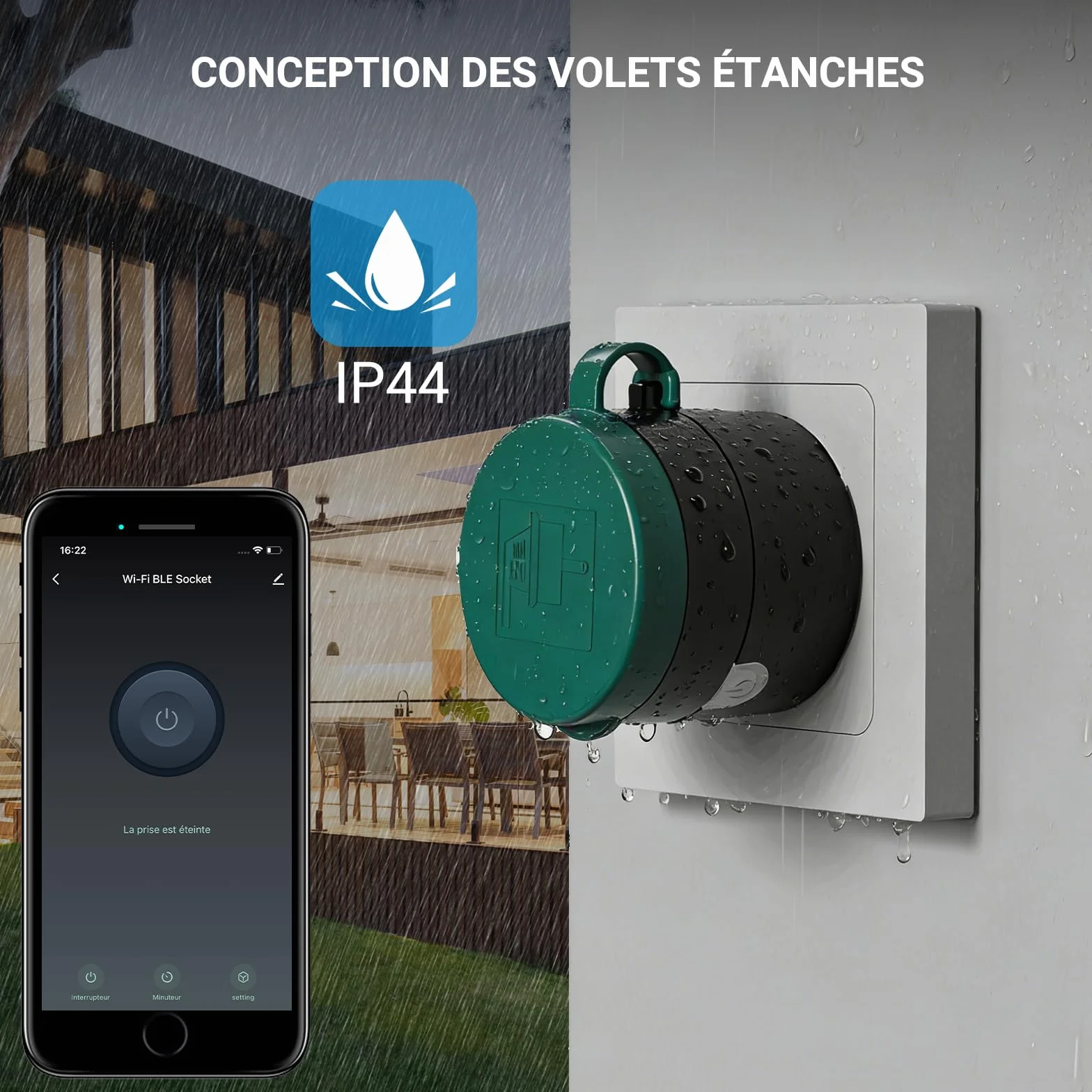 Prise connectée extérieure étanche WiFi 10A Type E IP44 compatible Alexa Google Assistant