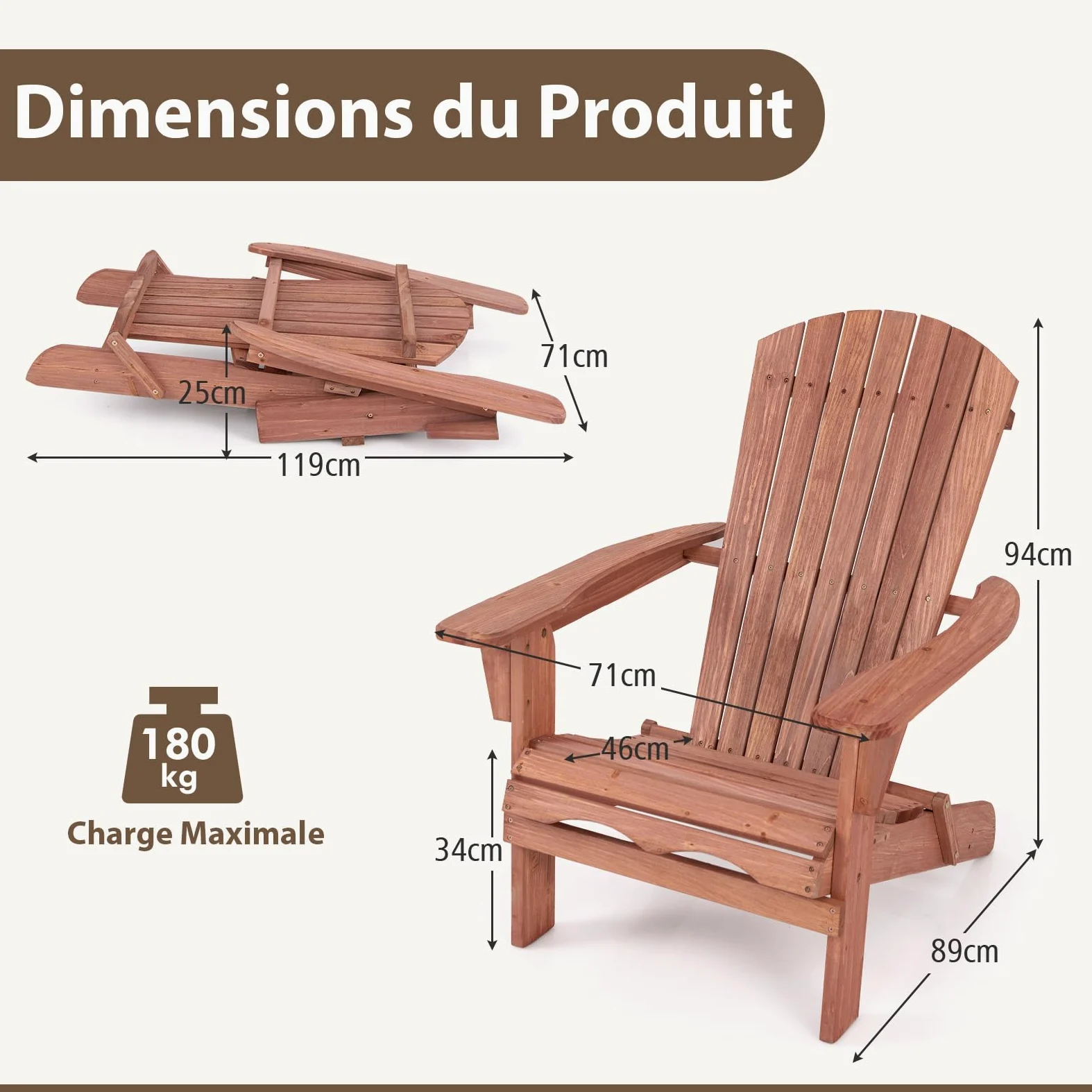 GOPLUS Lot de 2 Chaises Adirondack, Chaise d'Extérieur Pliable avec Cadre Bois Massif, Dossier Incurvé et Accoudoirs Larges, Max. 180 Kg, pour Terrasse, Jardin, Piscine (89 x 71 x 94 cm,Naturel)