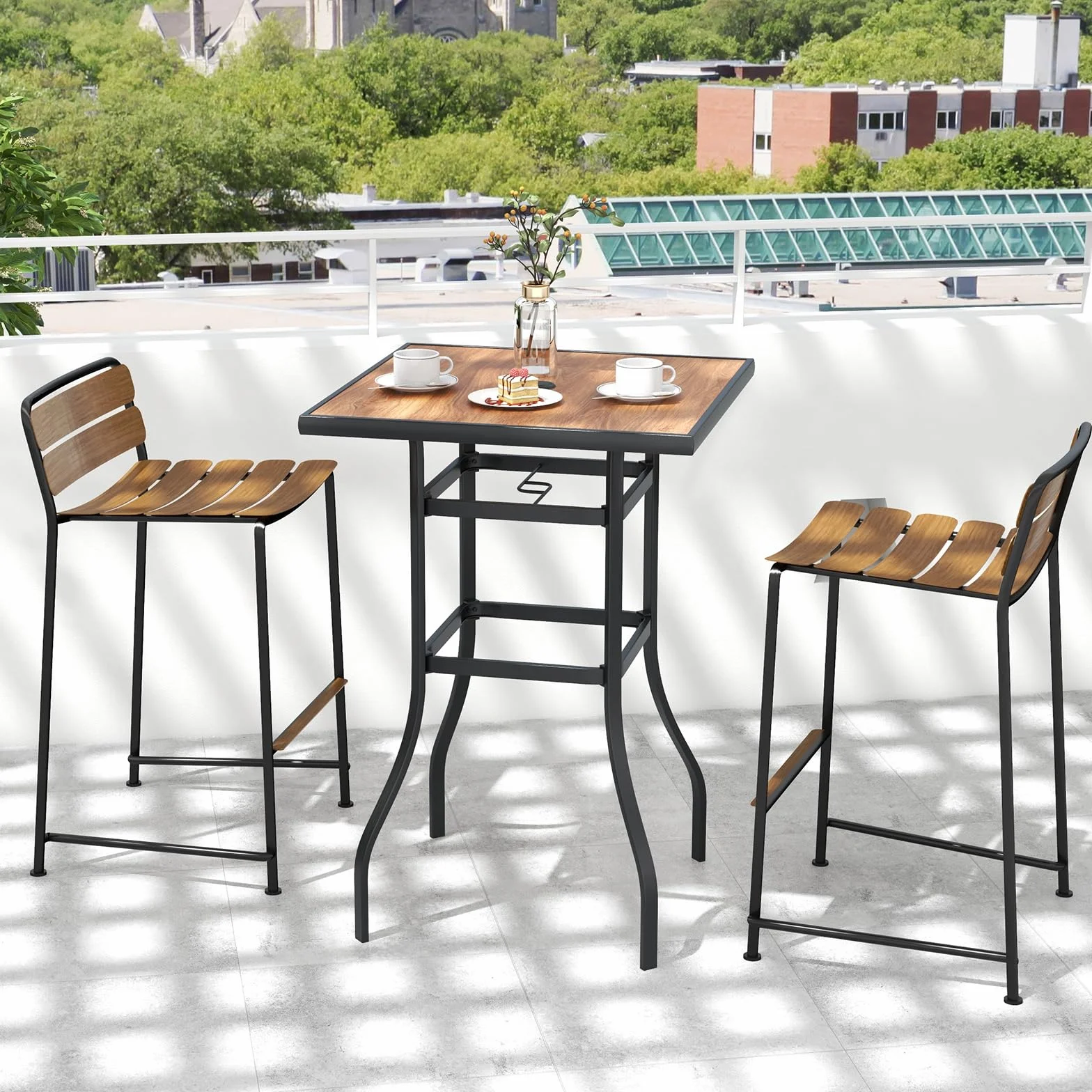 KOMFOTTEU Table de Bar Style Moderne Plateau SPC 70x70x102 cm Métal Intérieur Extérieur