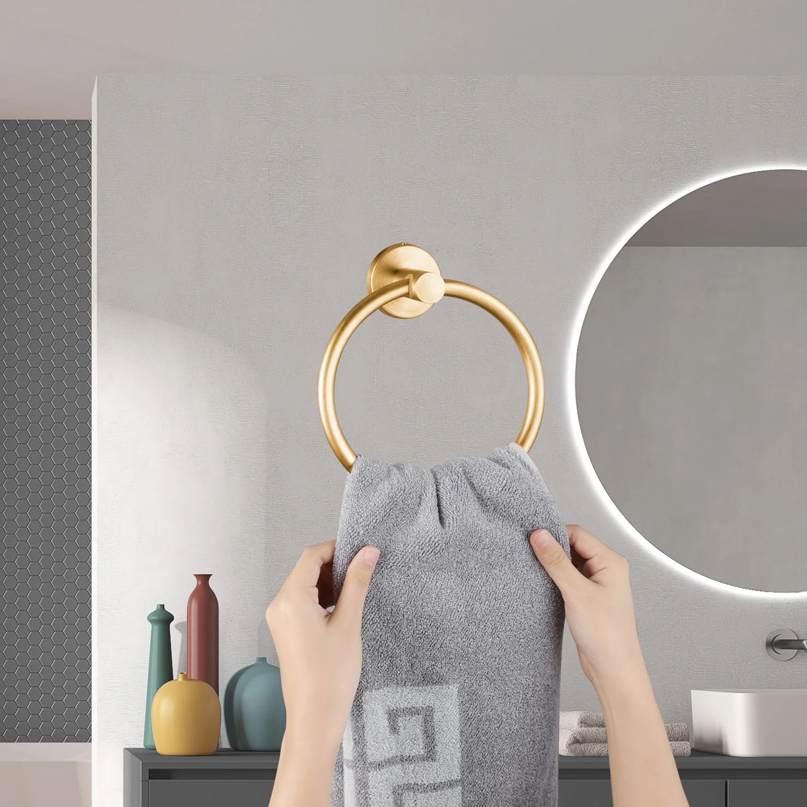Anneau Porte-Serviettes Mural en Acier Inoxydable pour Salle de Bain et Cuisine (doré)