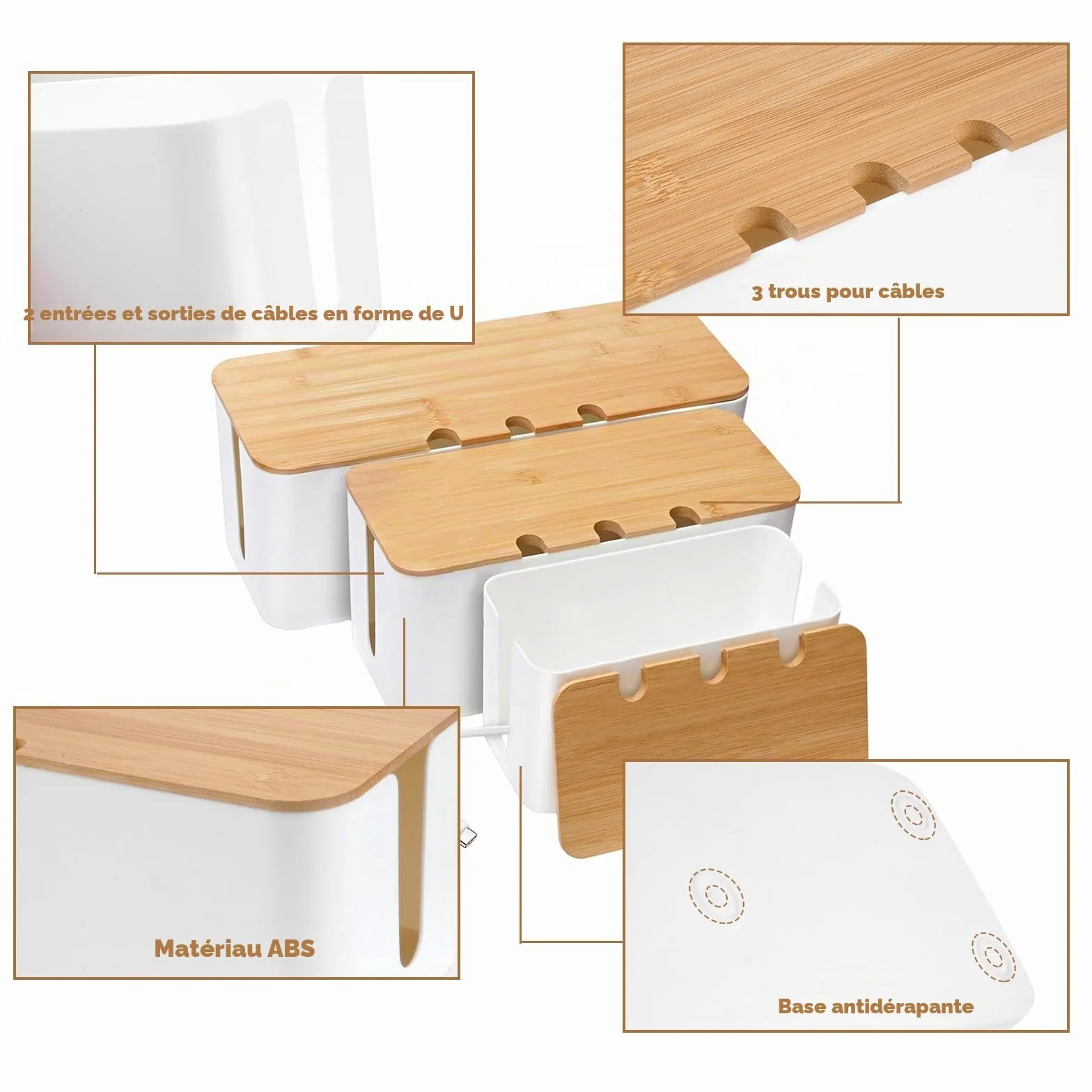 Boite Rangement Cable 3 Pièces avec Couvercle Bois Perforé, Cache Multiprise Electrique Blanc
