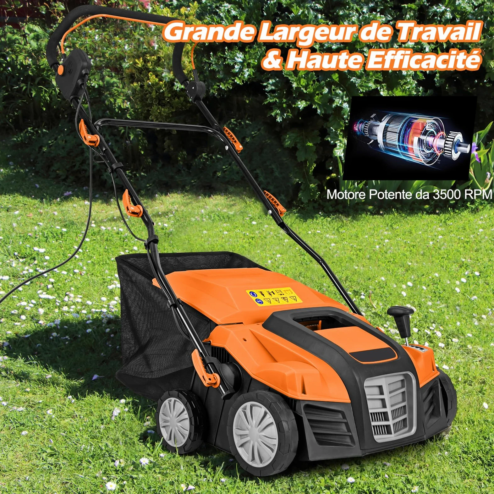 GOPLUS 2 en 1 Déchaumeuse Scarificateur Electrique 2000W, Largeur de Travail 40cm, 3500rpm, 5 Profondeurs Réglable, 3 Hauteurs Poignée, Sac 55L Amovible, Râteau Electrique Pliable Pelouse 800㎡(Orange)