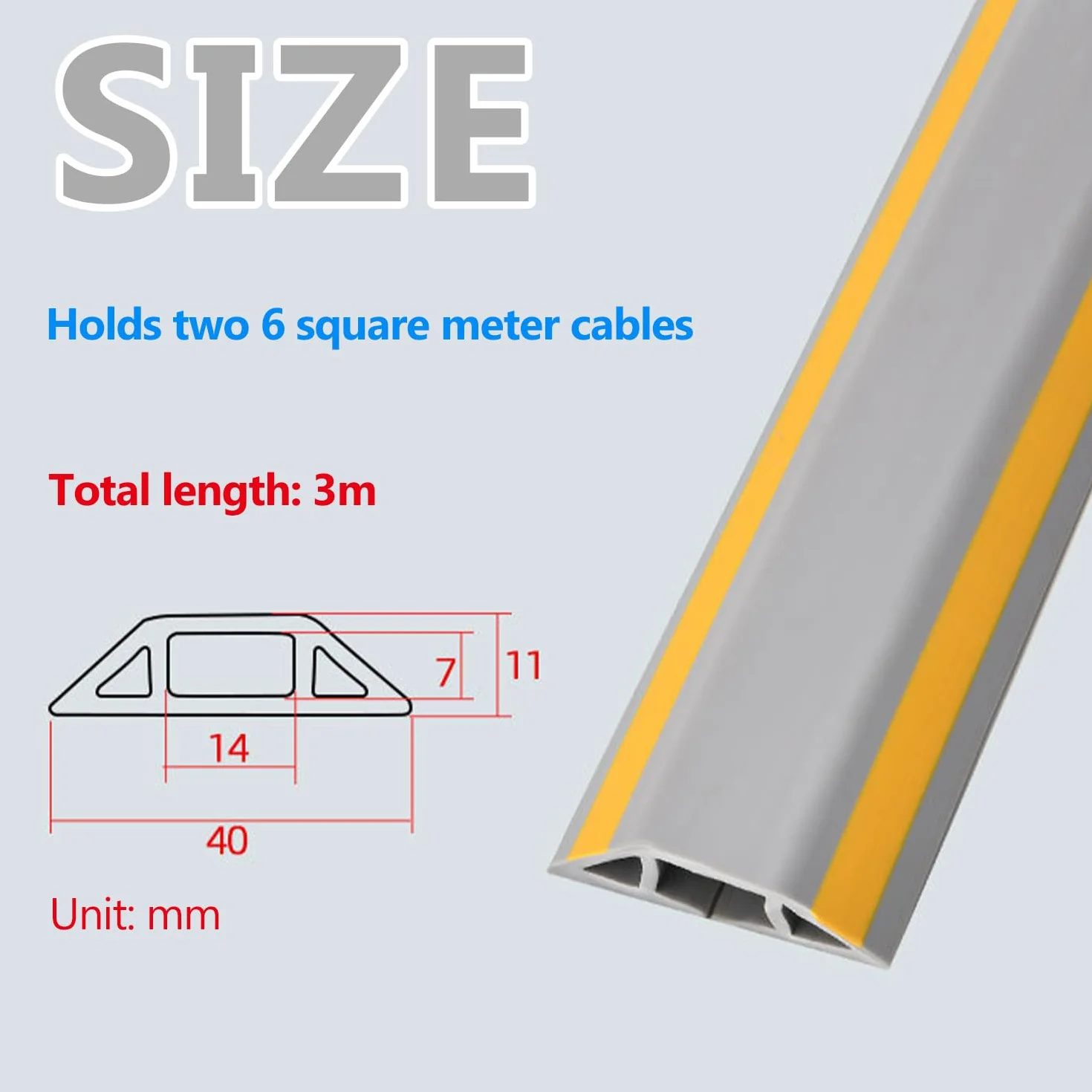 Goulotte Passe Cable Sol 3 m, Autocollante en PVC, Découpable, Gris