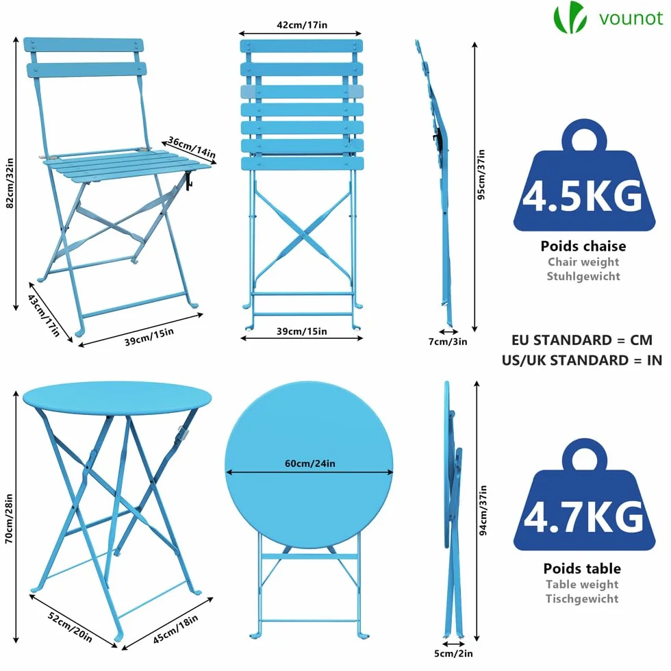 vounot® Set de Bistro 3 pièces Table et 2 Chaises Pliantes en Acier pour Extérieur Bleu