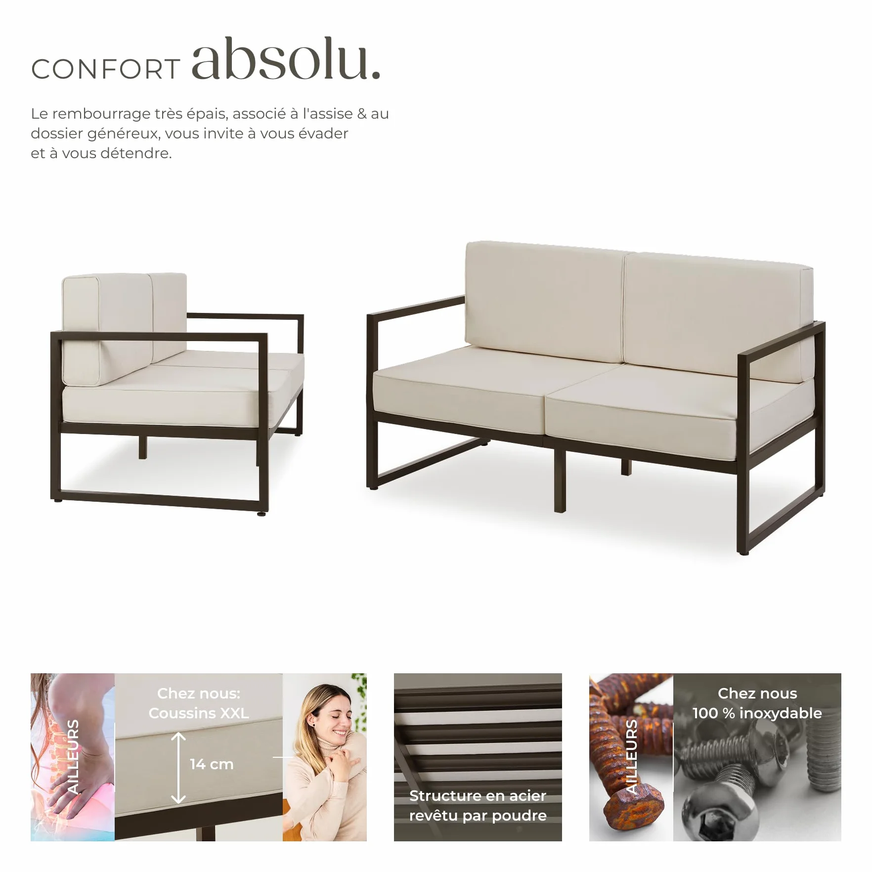 tectake® Salon de Jardin Exterieur Canapé 2 Places Banquette de Jardin Coussins épais Inclus Cadre en Acier laqué époxy Mobilier Canape Exterieur Amenagement Balcon Terrasse Veranda Maison