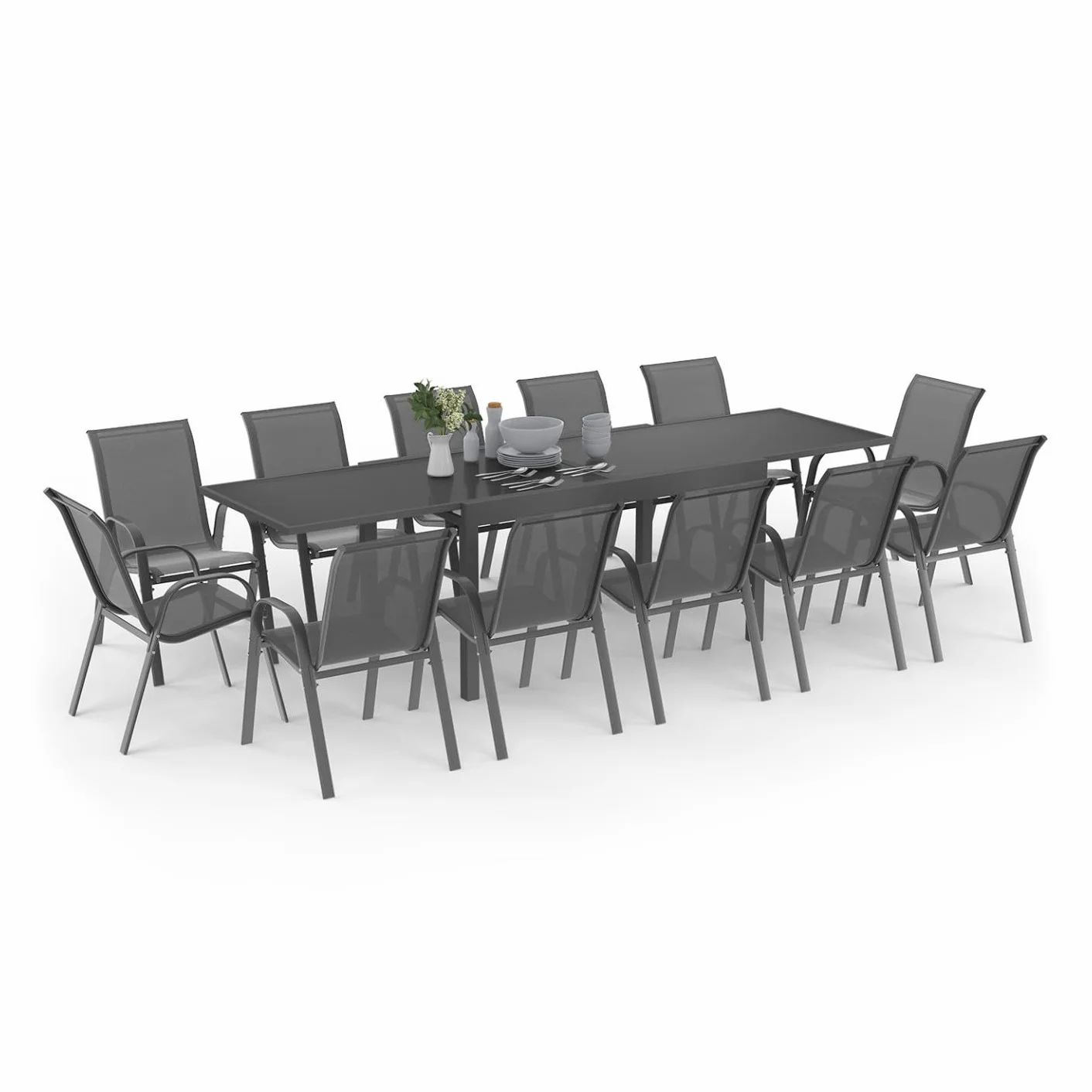 Salon de Jardin Madrid Table Extensible Gris Anthracite 135-270 CM 12 Chaises Empilables