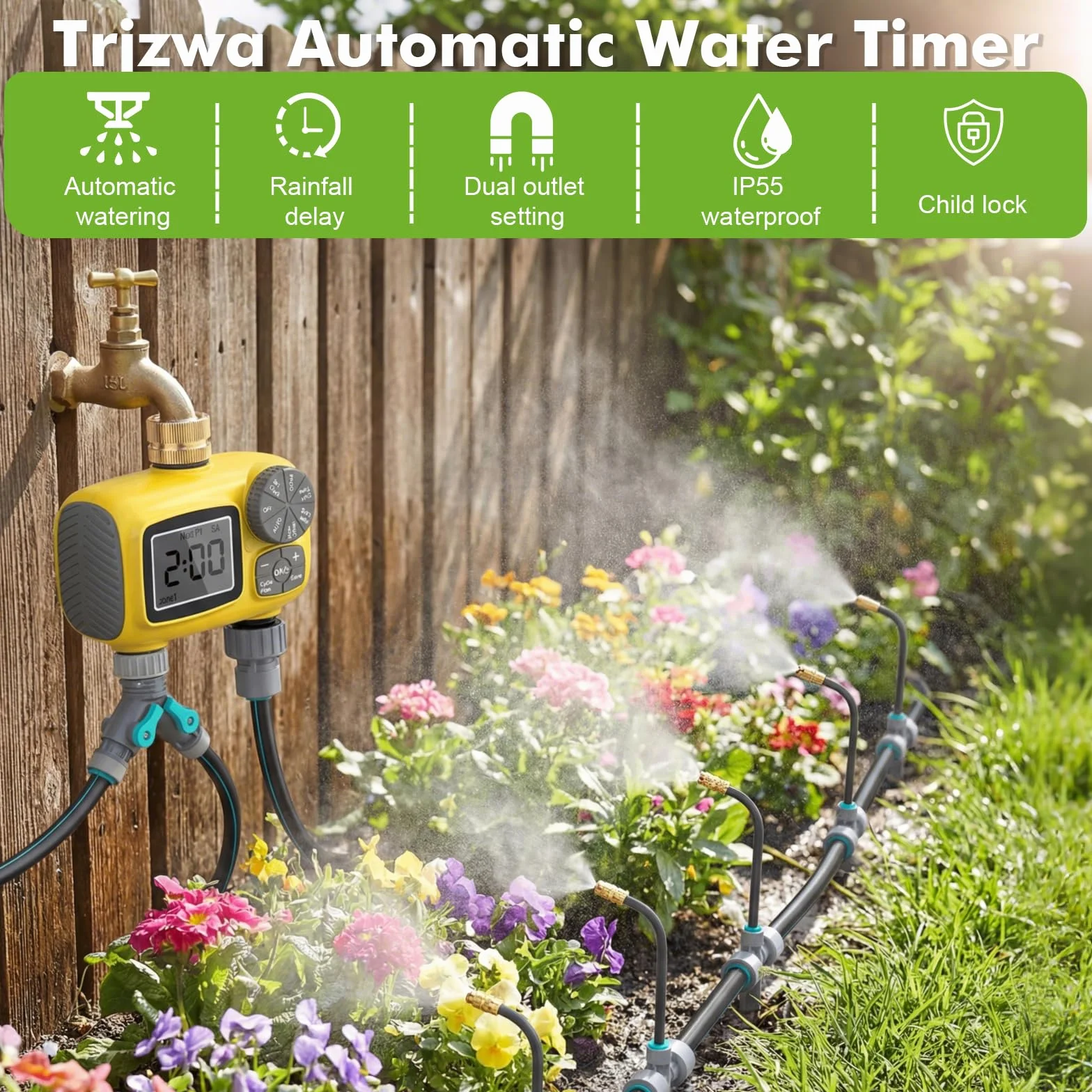 Kit d'irrigation goutte à goutte automatique 52 m avec programmateur 2 sorties d'eau