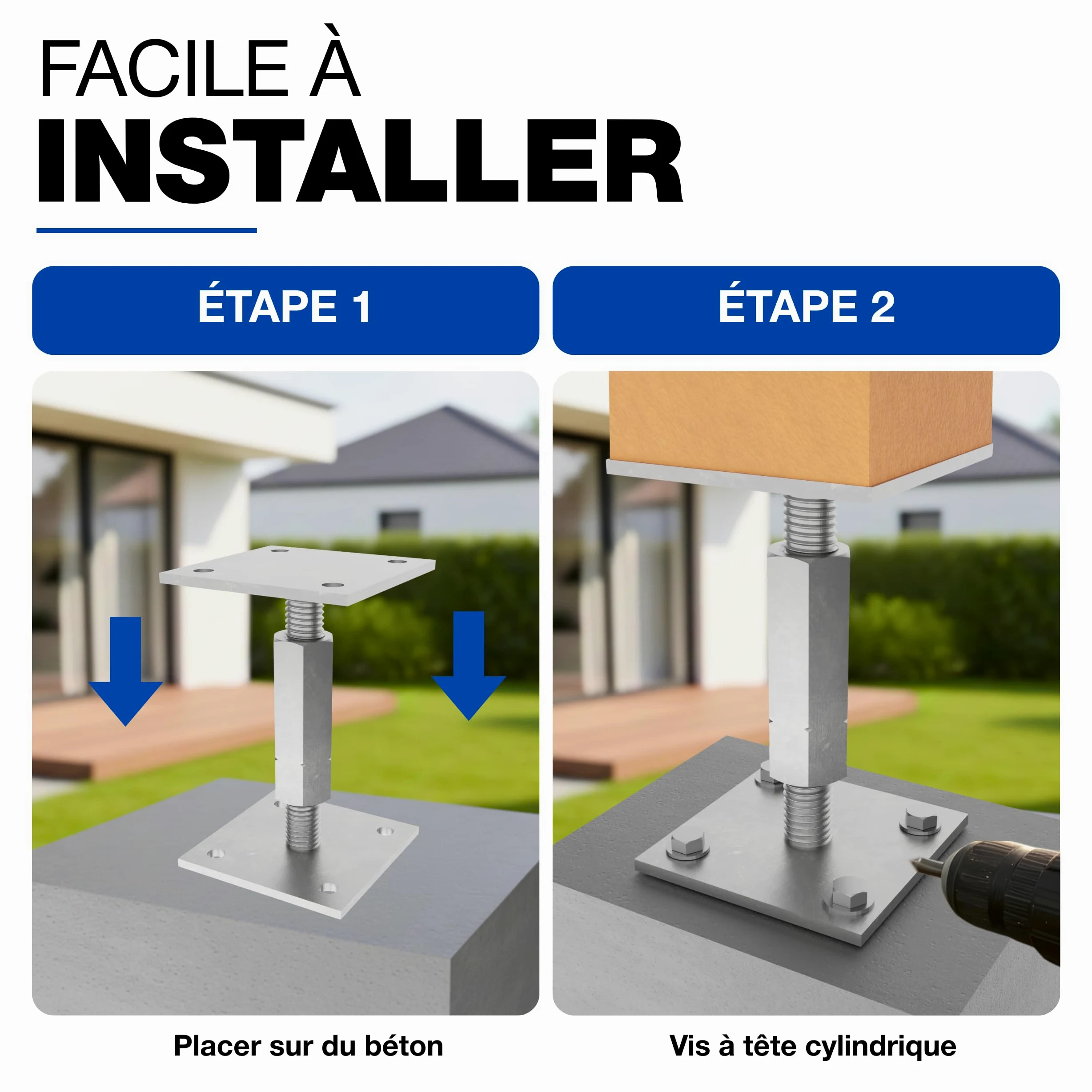 GeZu Impex Support de poteau Galvanoplastie Lot de 8 100 x 100 mm hauteur reglable platine bois pied poteaux clôture