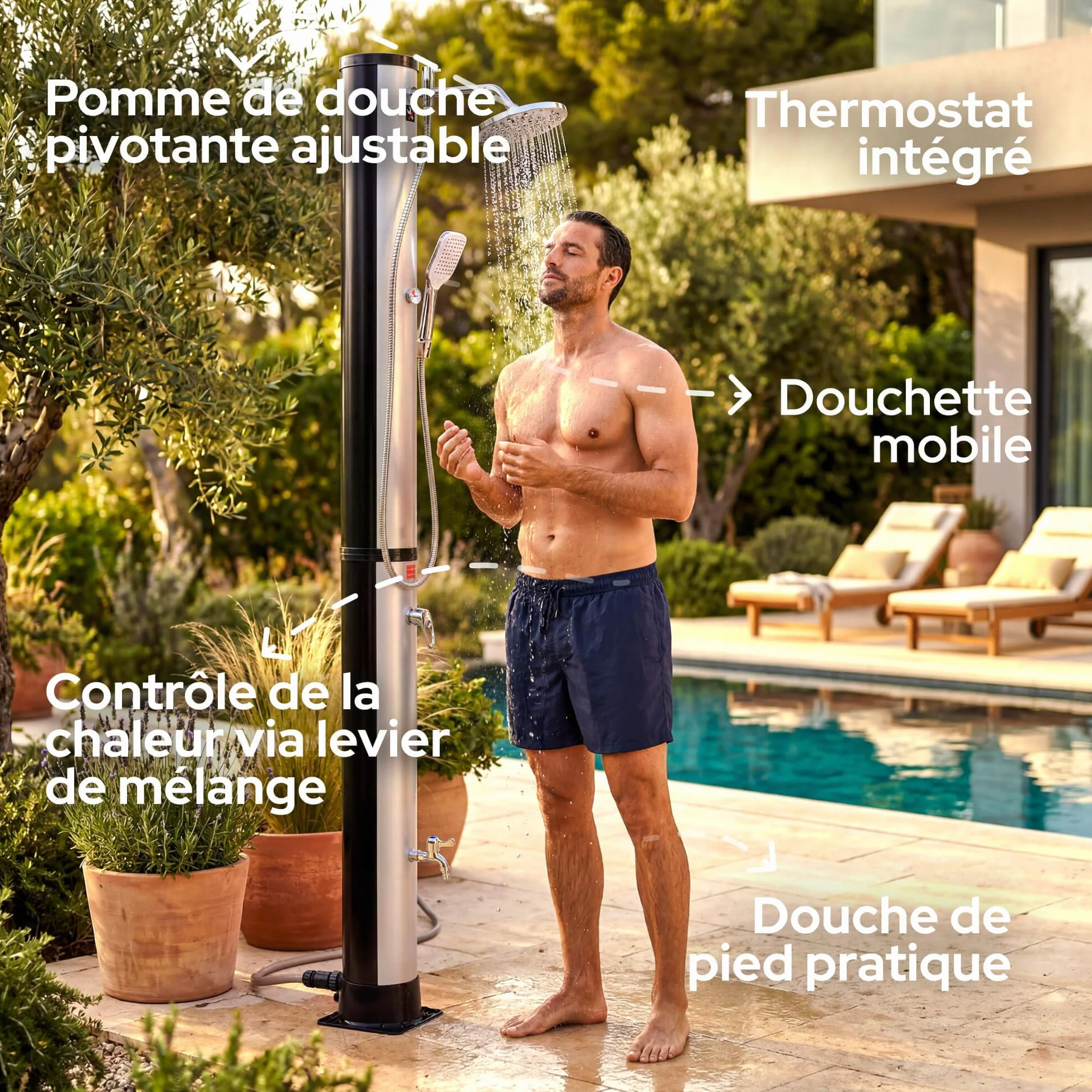 AREBOS Douche Solaire 40 L 220 cm Thermomètre intégré Pomme Ronde douchette Pieds Argent-Noir