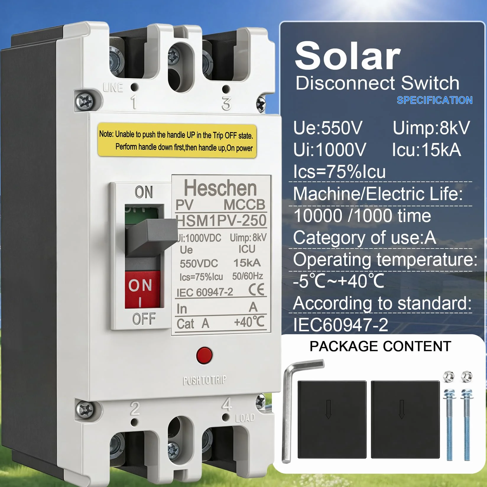 Heschen Disjoncteur DC MCCB 2 Pôles DC550V Photovoltaïque 200A HSM1PV-250