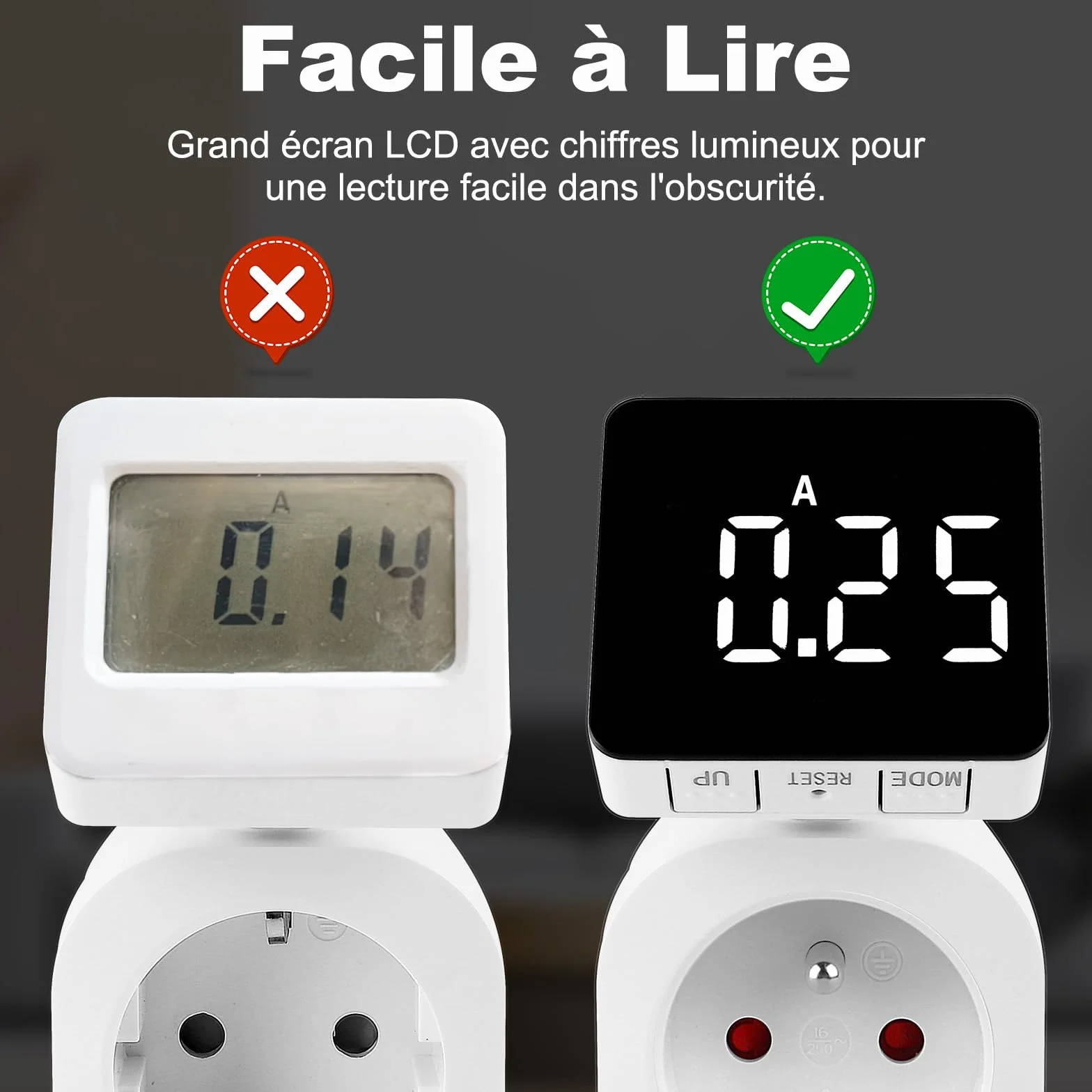 Compteur Électrique Wattmètre Prise avec LCD Rotatif 180°, 6 Modes Mesure kWh, Tension, Courant, Coût