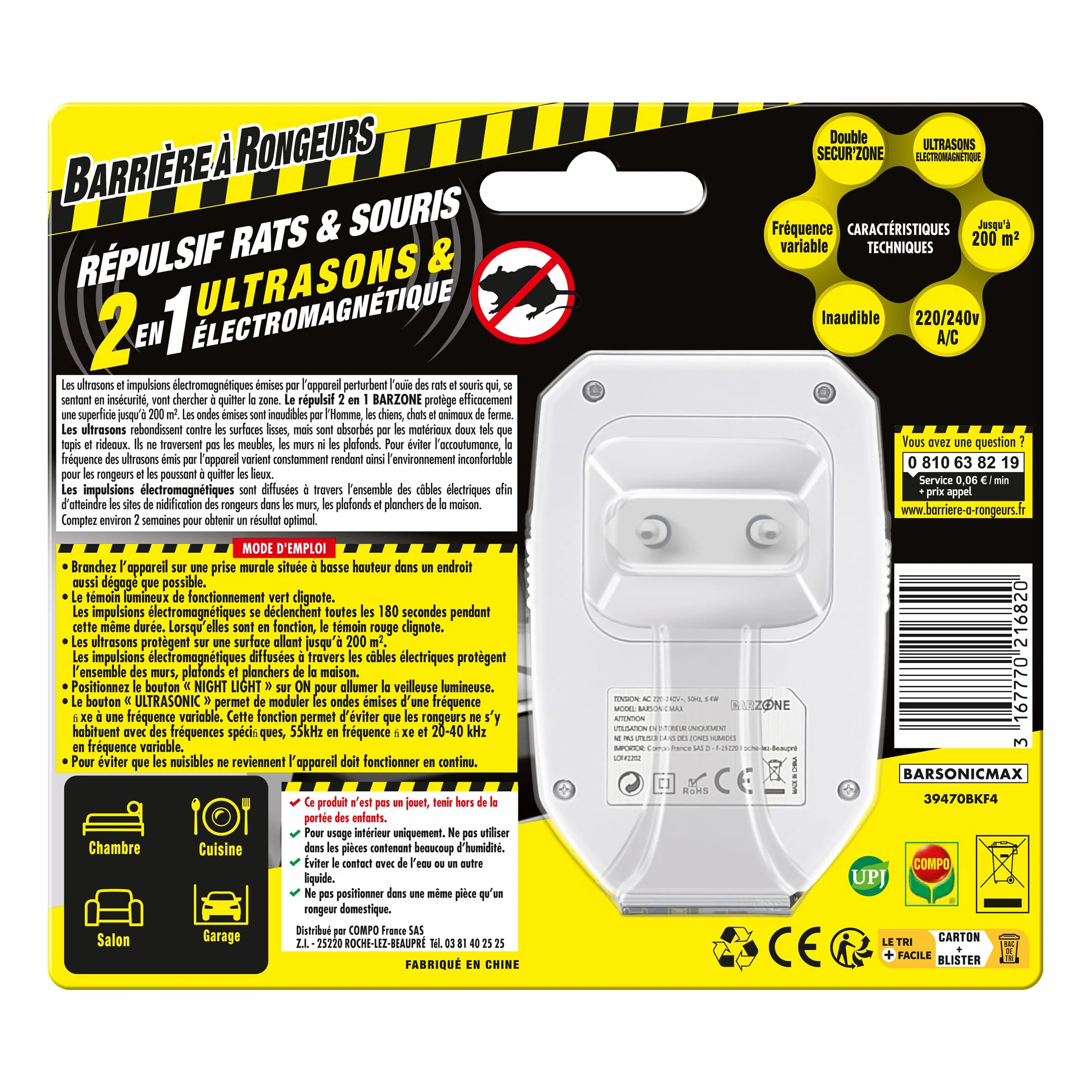 BARRIERE A RONGEURS Répulsif ultrasons & électromagnétique Rats et Souris - Blister de 1 Appareil, Nicht Zutreffend