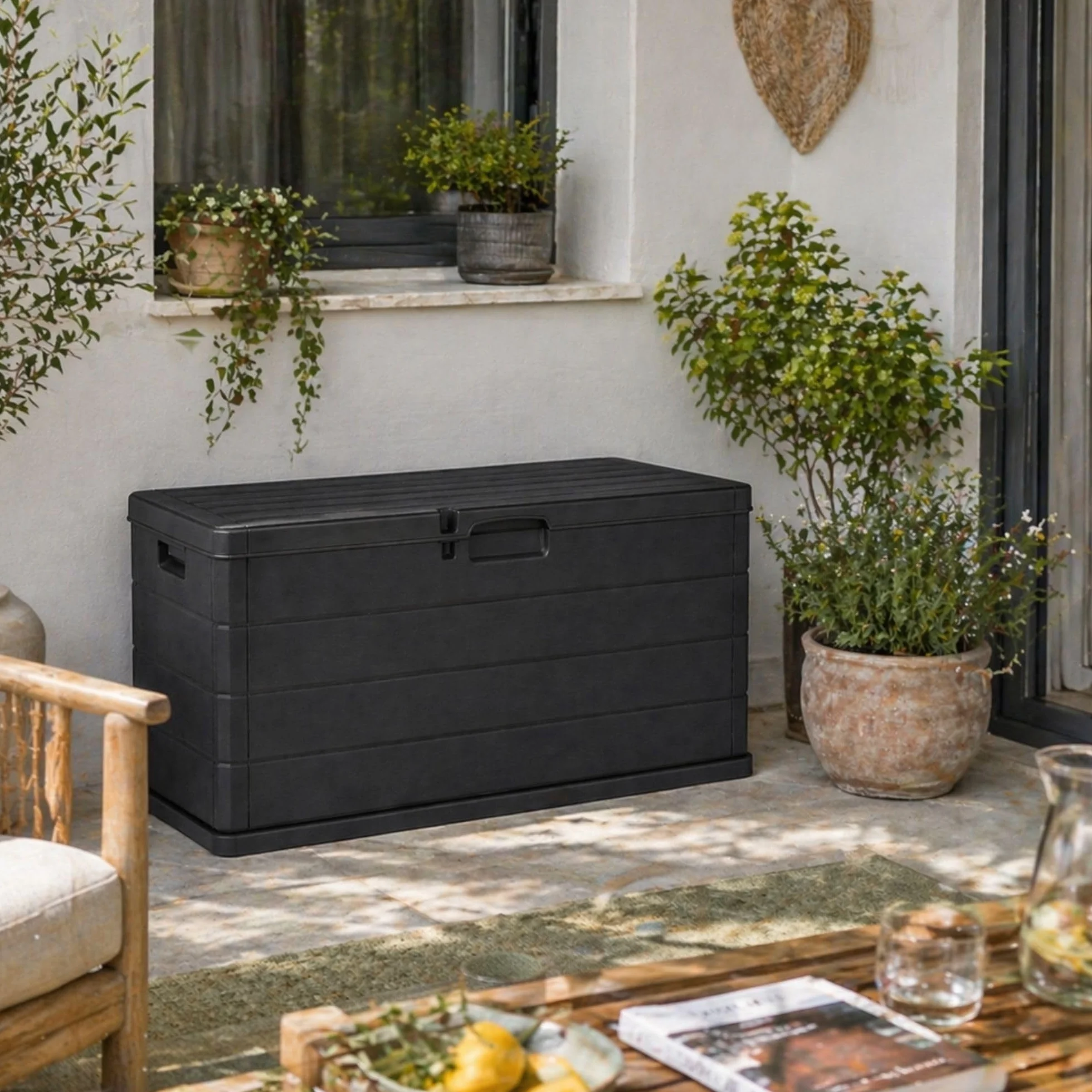 Coffre d'extérieur 340 L effet bois résine anthracite 118 x 59 x 57 cm