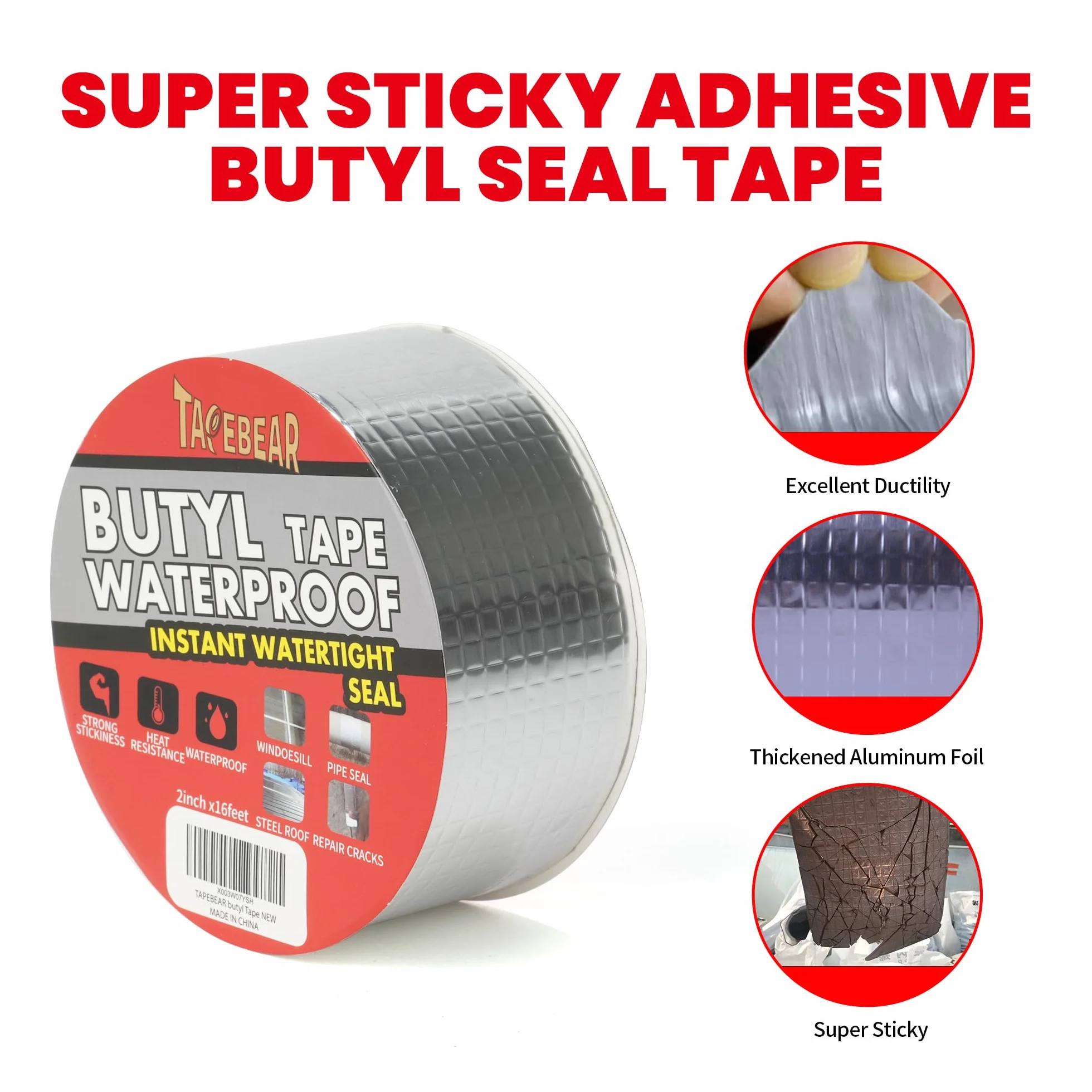 TAPEBEAR Ruban Butyle Étanche 50mm x 5m, Adhésif Imperméable Réparation Toit Fissure Fenêtre Tuyau