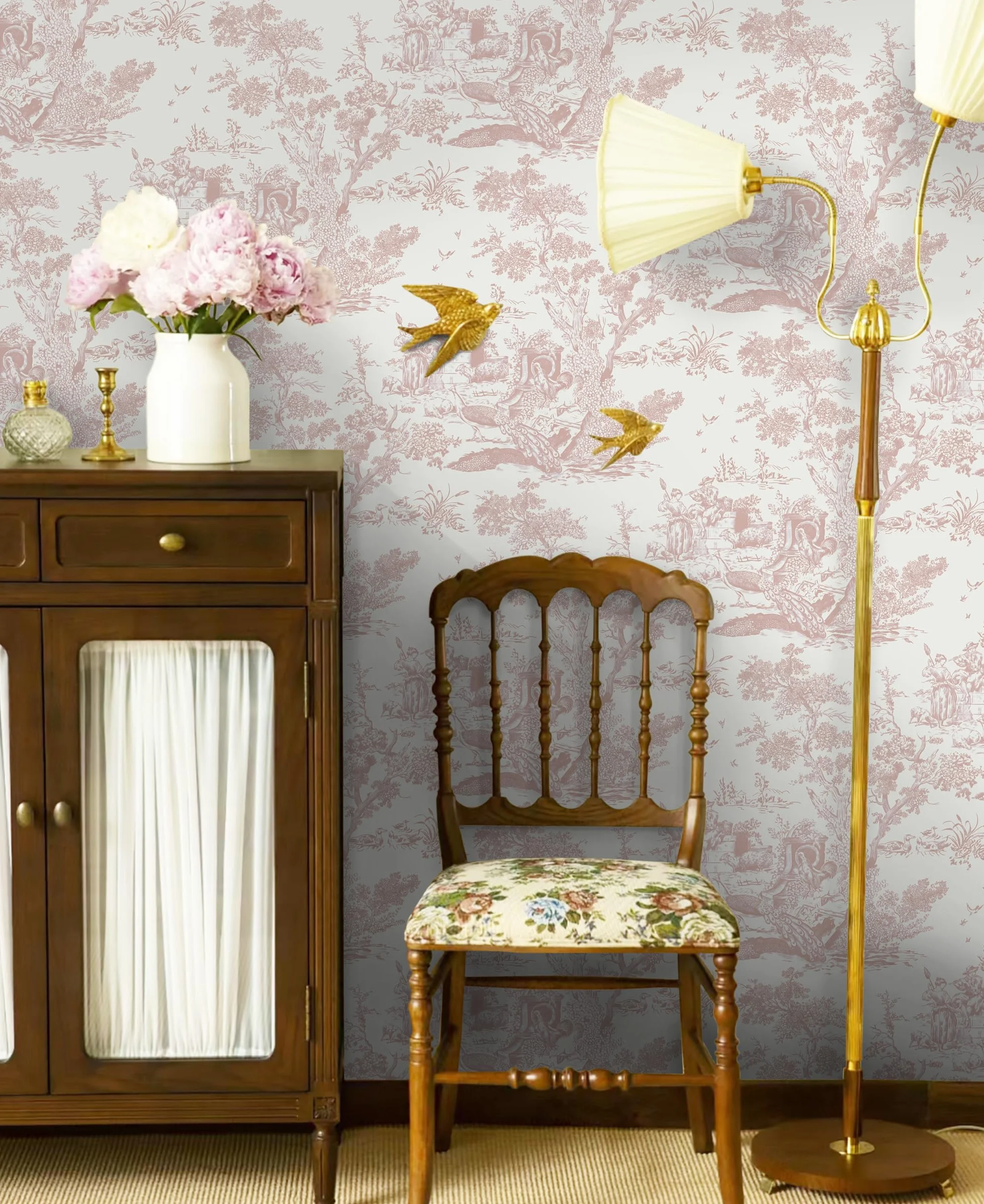 Papier Peint Autocollant Vintage 41 x 300 cm Vinyle Arbre Animaux Imperméable Rose Chambre