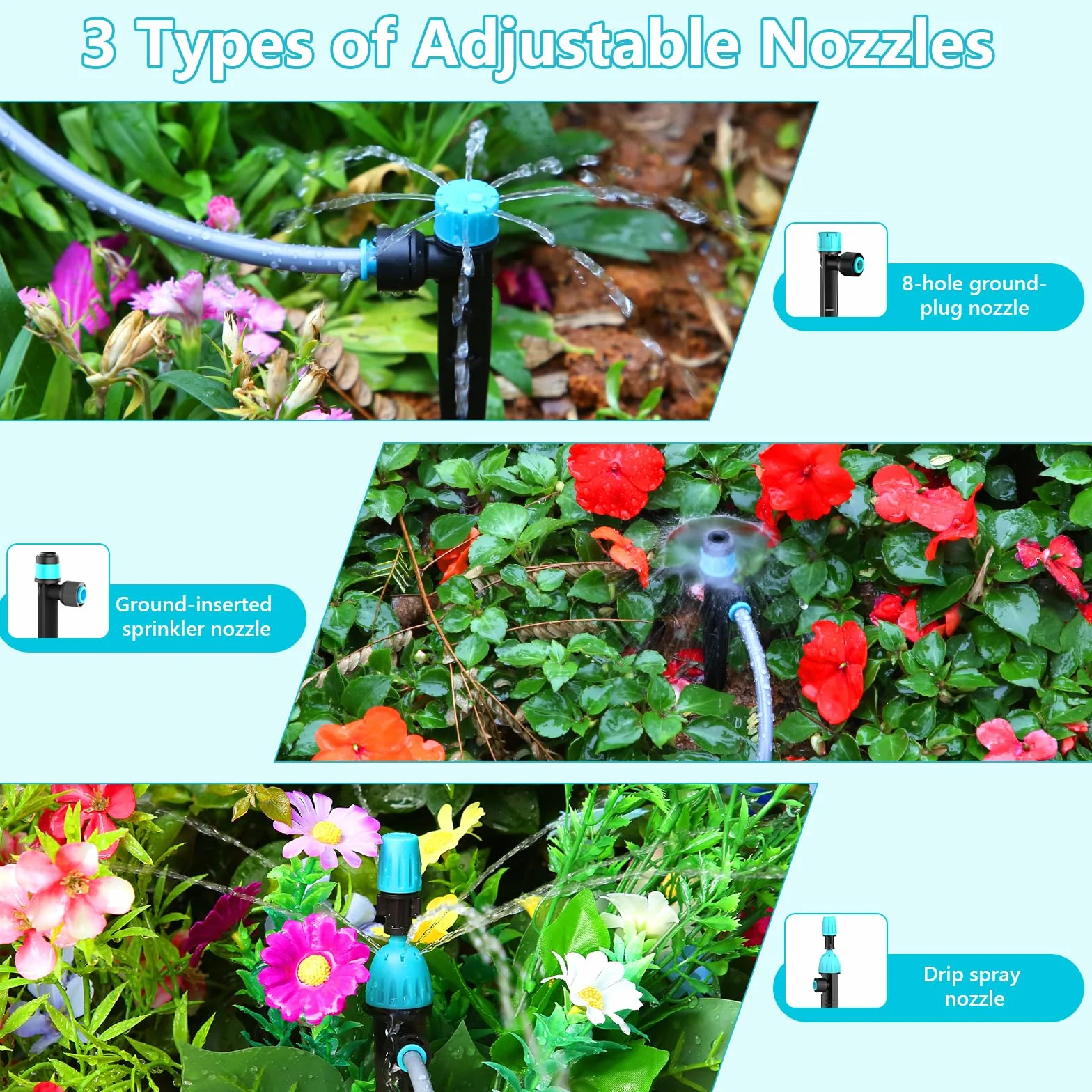 Kit d'irrigation goutte à goutte automatique 30 m avec programmateur TRJZWA 3 programmes, 3 types de goutteurs pour jardin