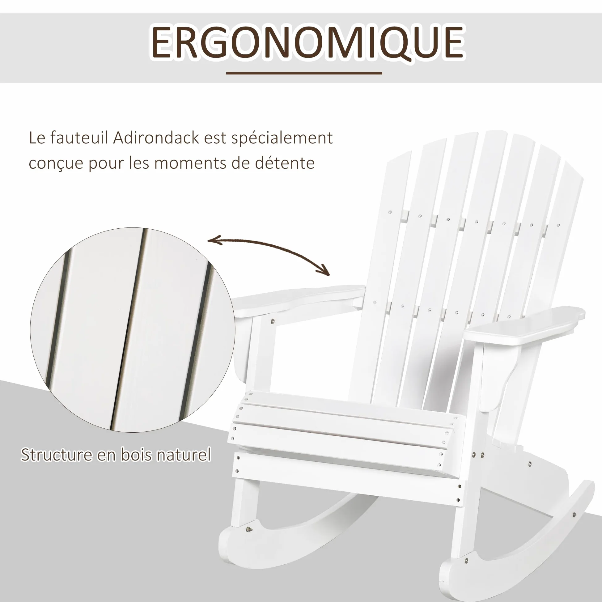 Outsunny Fauteuil de Jardin Adirondack à Bascule Rocking Chair Assise Dossier Ergonomique Style néo-rétro en Bois Massif traité Peint Blanc