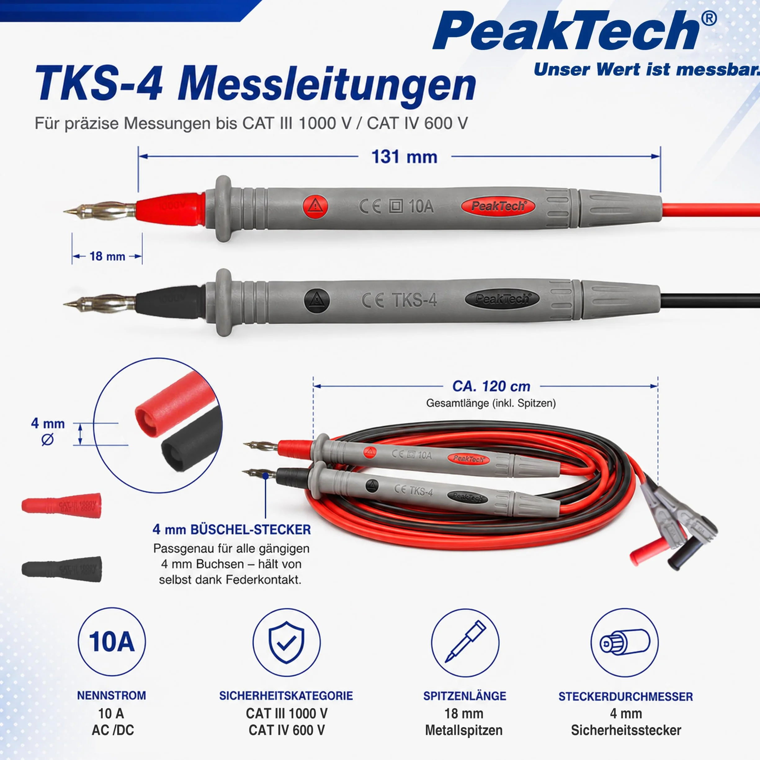 Peak Tech Multimètre de cordons de mesure 120 cm 1000 V AC/DC 10 A Cat III/IV Lot de 4