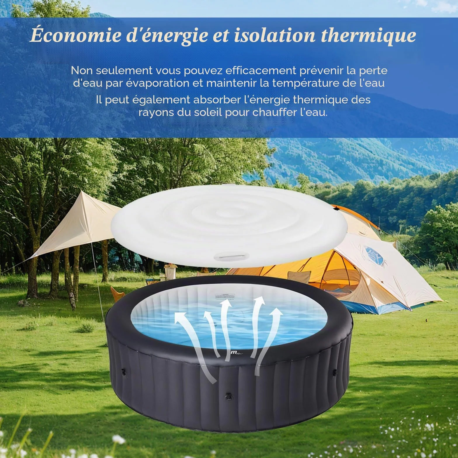 Couvercle de Bain à Remous 138cm PVC Couverture Spa Gonflable Isolation Thermique Pliable Rond Extérieur