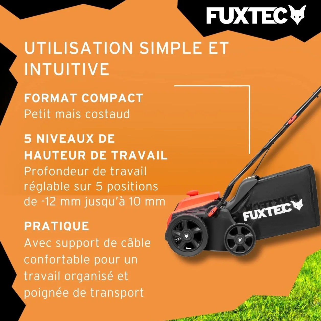 Scarificateur électrique FUXTEC, aérateur de gazon avec 1300 watts de puissance, largeur de travail 32 cm et réglages de profondeur de -12 à +10 mm, bac de ramassage 40 L