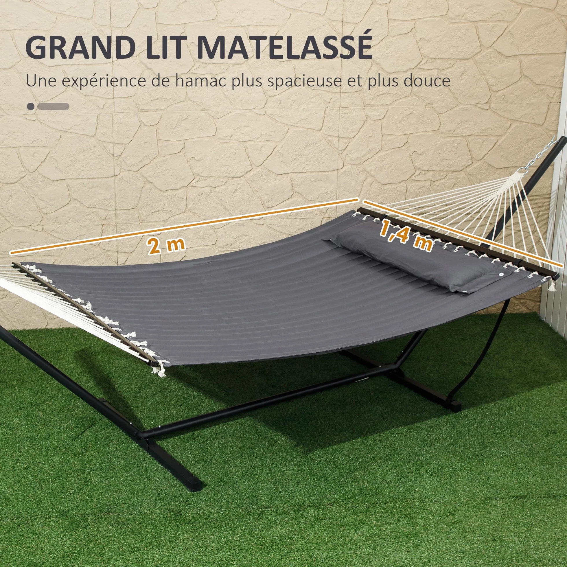 Outsunny Hamac sur Pied avec Oreiller, Support Acier, Barres d'écartement, Camping Plein air, Plage, Gris foncé