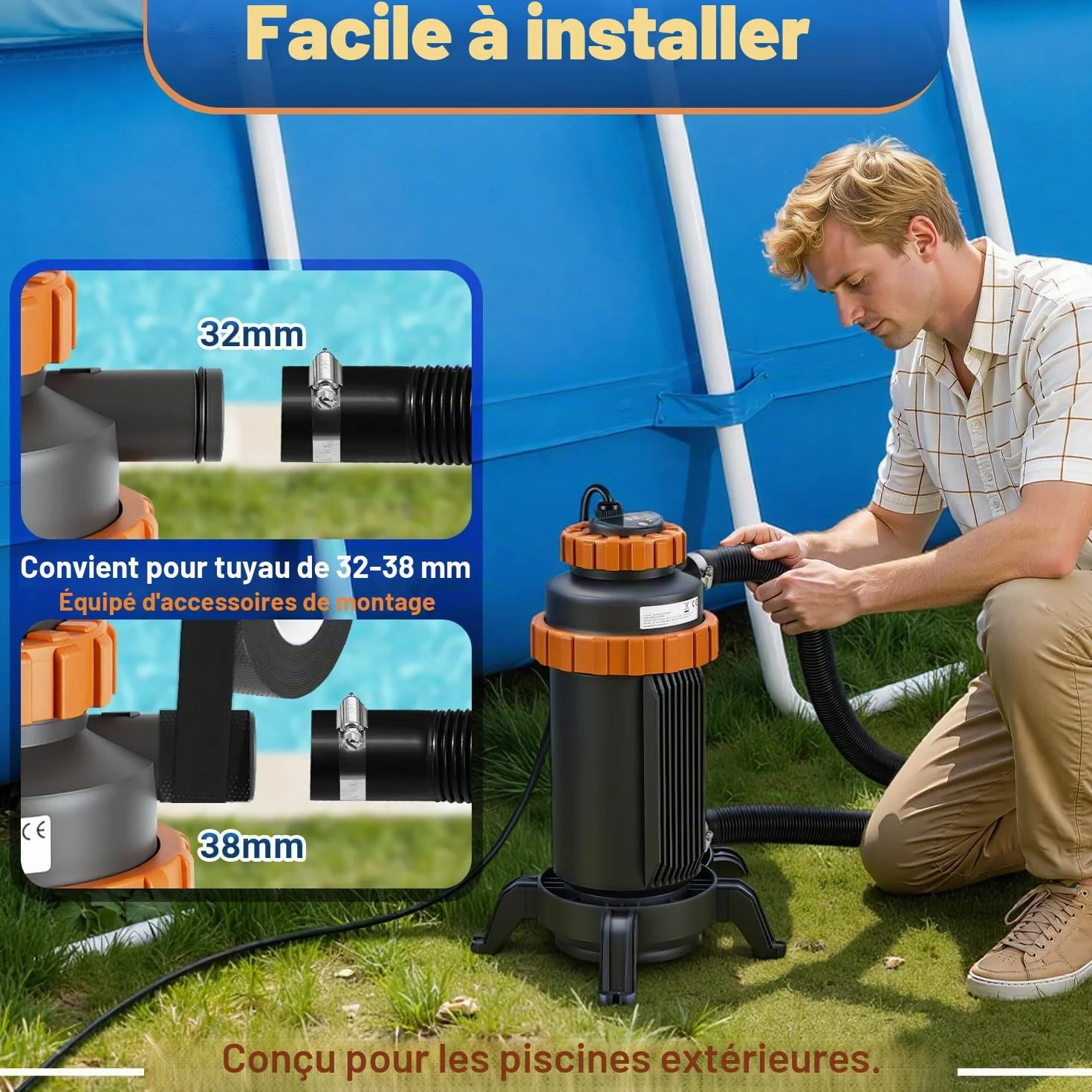 Chauffage de piscine électrique 3 kW avec affichage numérique et protection de sécurité 4 positions, raccord 32-38 mm, chauffe jusqu'à 45 °C, accessoires piscine hors sol