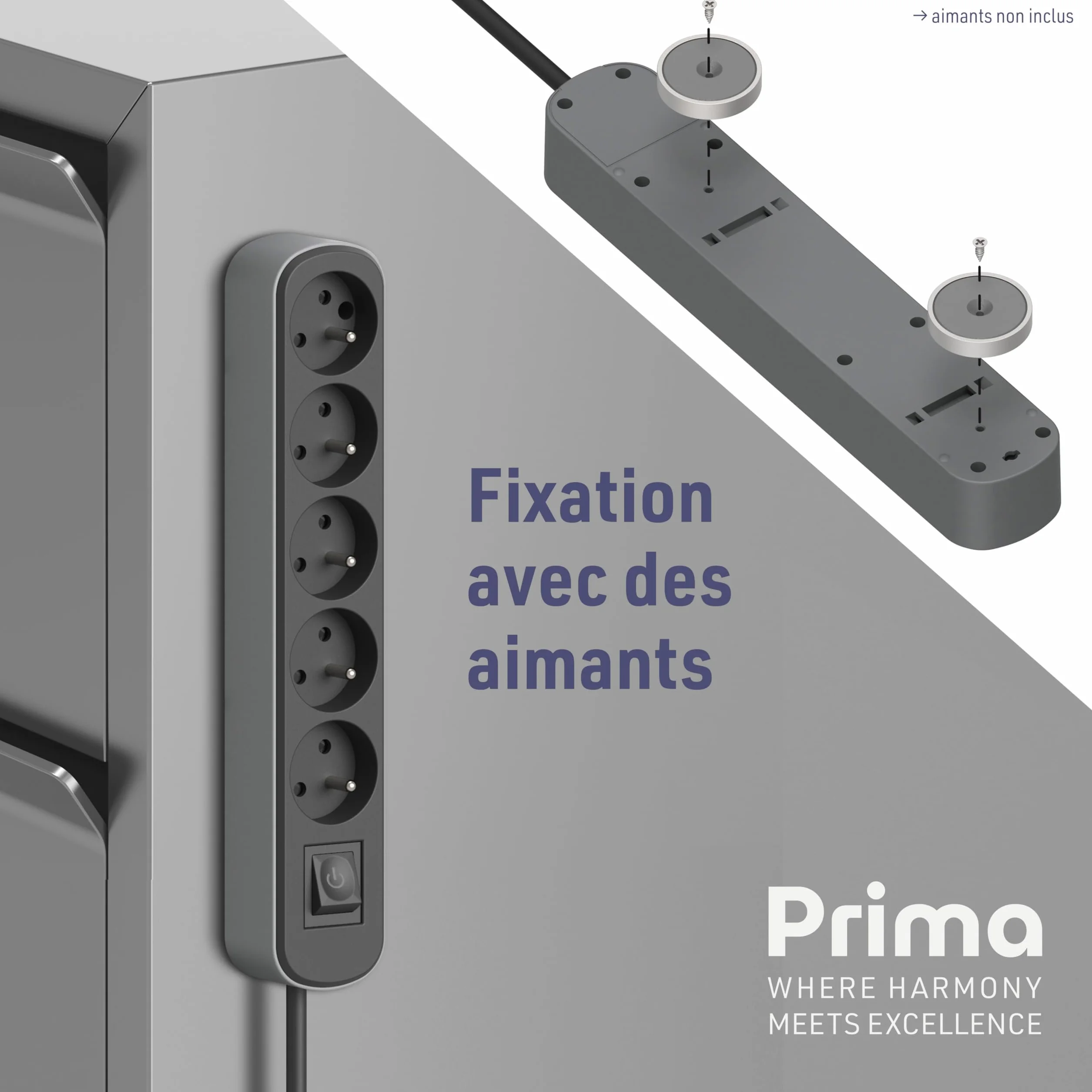 Electraline Bloc Multiprise Prima 5 Prises 16A Interrupteur 1.5 Mètres Noir Gris