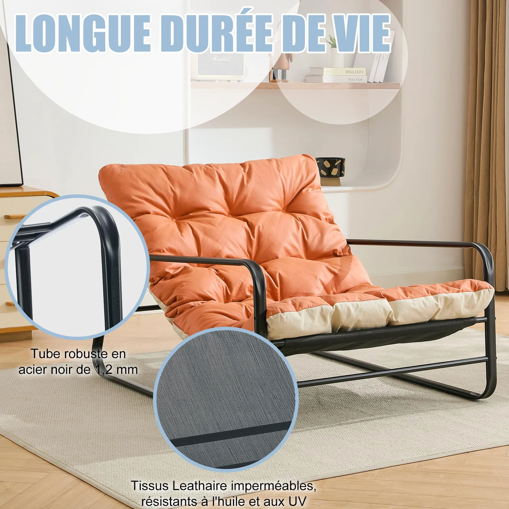 Fauteuil Jardin Exterieur avec Coussin réversible, Imperméable, Anti-Rouille rembourrée en Acier pour 2 Personnes pour Terrasse Salon Balcon- Capacité de Charge maximale de 160 kg, Orange et Beige