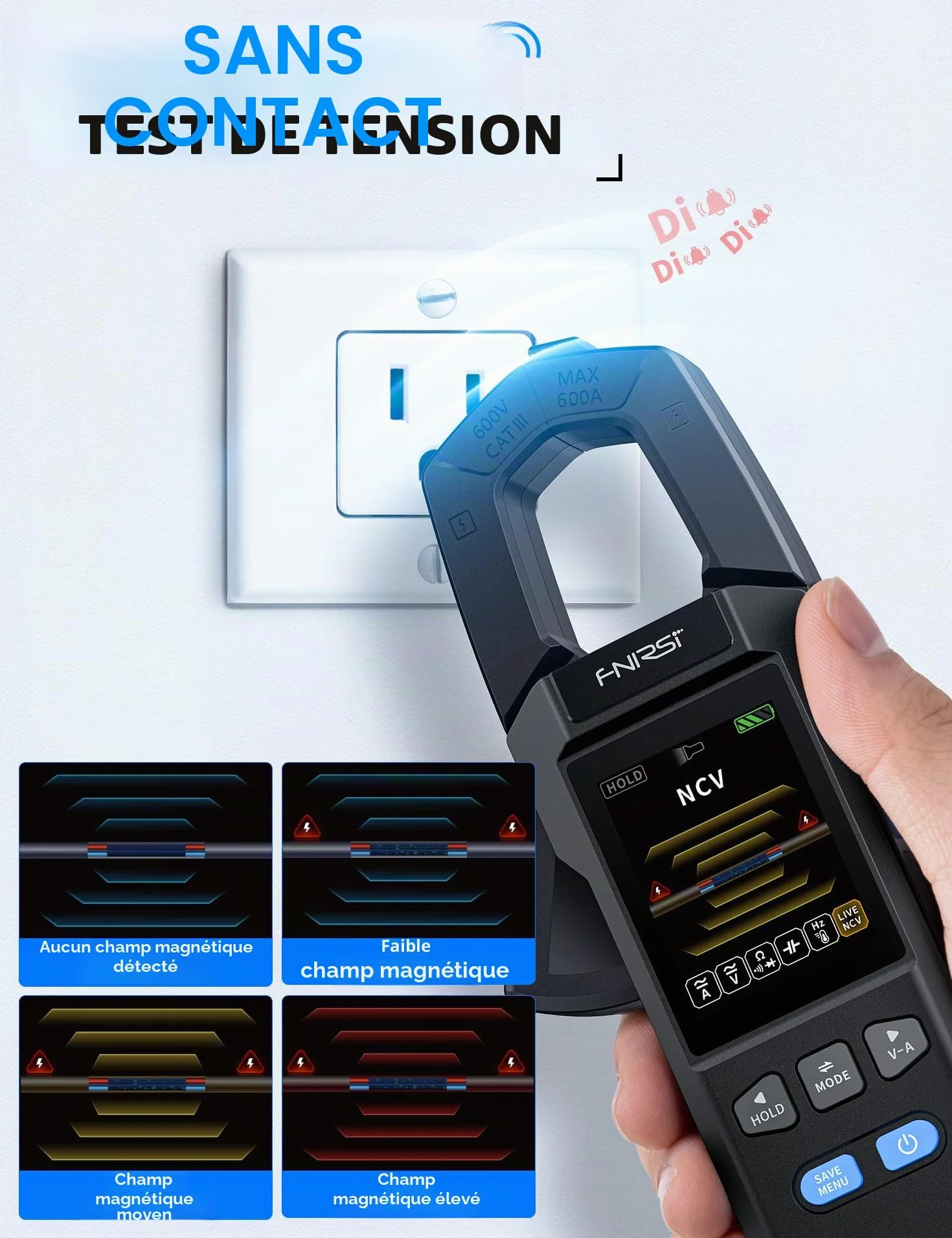 FNIRSI DMC-100 Pince Ampèremétrique Numérique Multimètre TRMS 9999 Points 600A Rechargeable NCV Tension CA/CC Courant Continuité