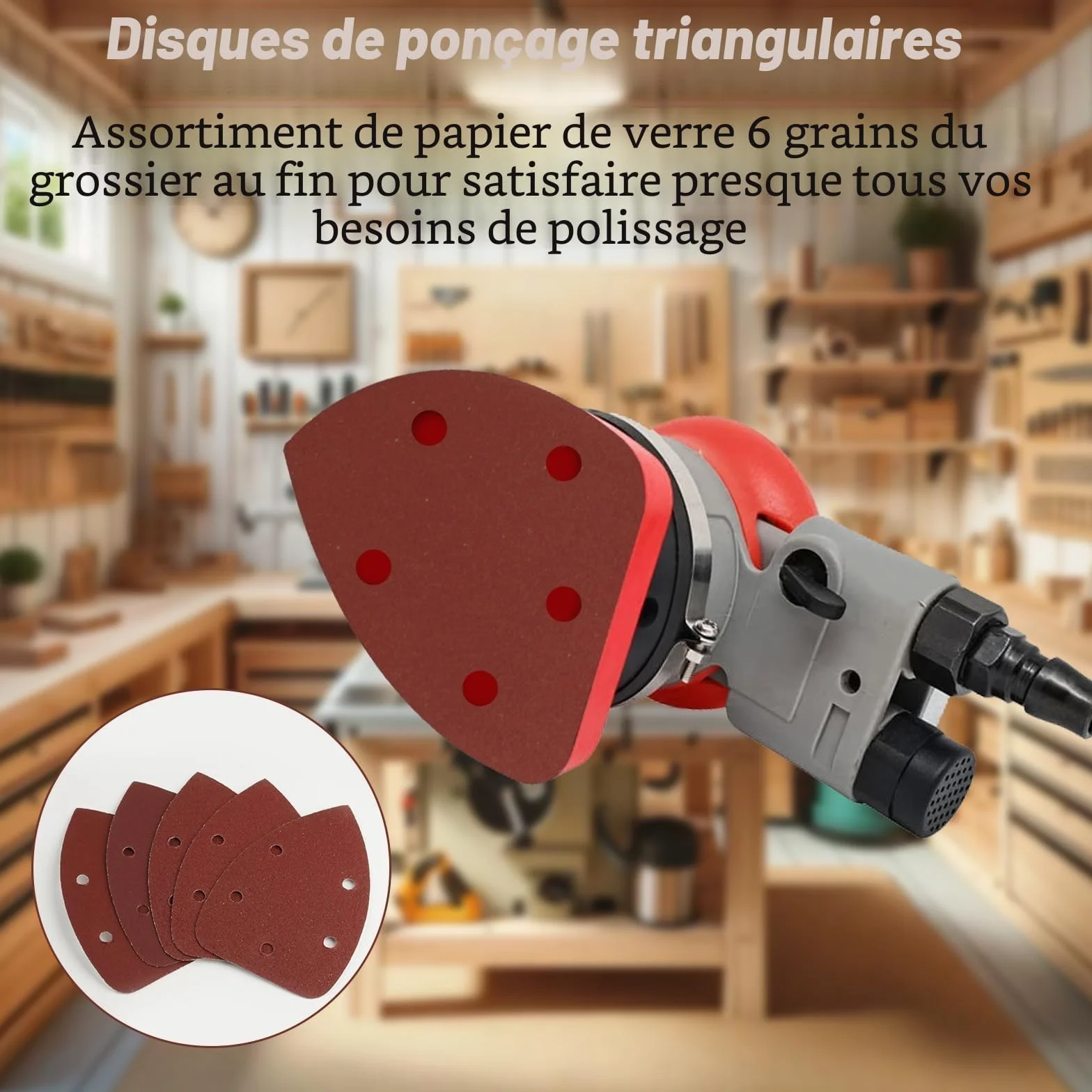 Papier de Verre Triangles de Ponçage 60 Pièces, 5 Trous Feuilles Abrasives Grain P40/80/120/180/240/320 pour Ponceuse Triangulaire
