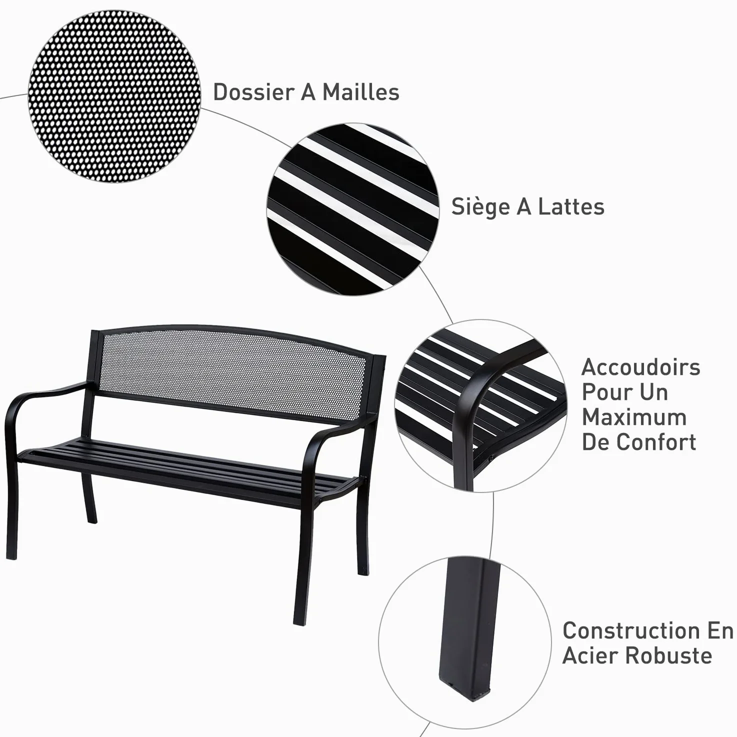 Outsunny Banc 3 Places de Jardin terrasse Style Contemporain 127L x 60l x 87H cm métal époxy anticorrosion Noir