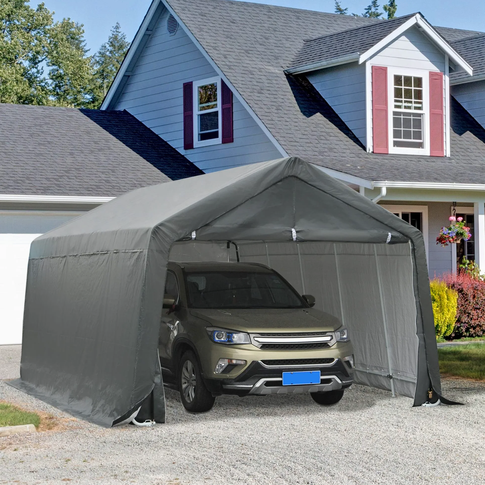 Outsunny Tente Garage carport dim. 6L x 3,6l x 2,75H m Acier galvanisé Robuste PE Haute densité 195 g/m² imperméable Anti-UV Blanc Gris