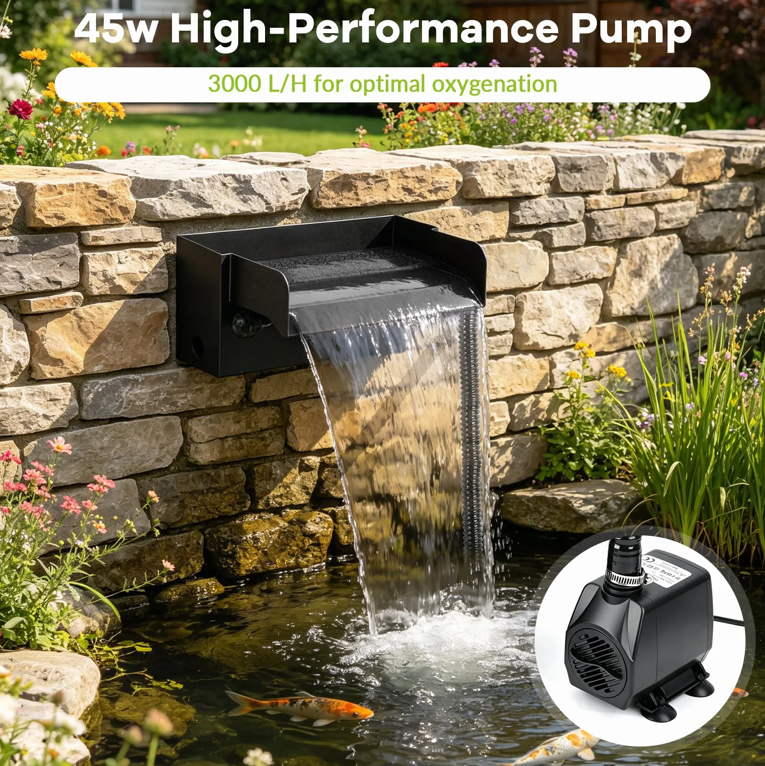 Cascade pour bassin de jardin 30 cm acier inoxydable kit complet pompe 45 W 3000 l/h