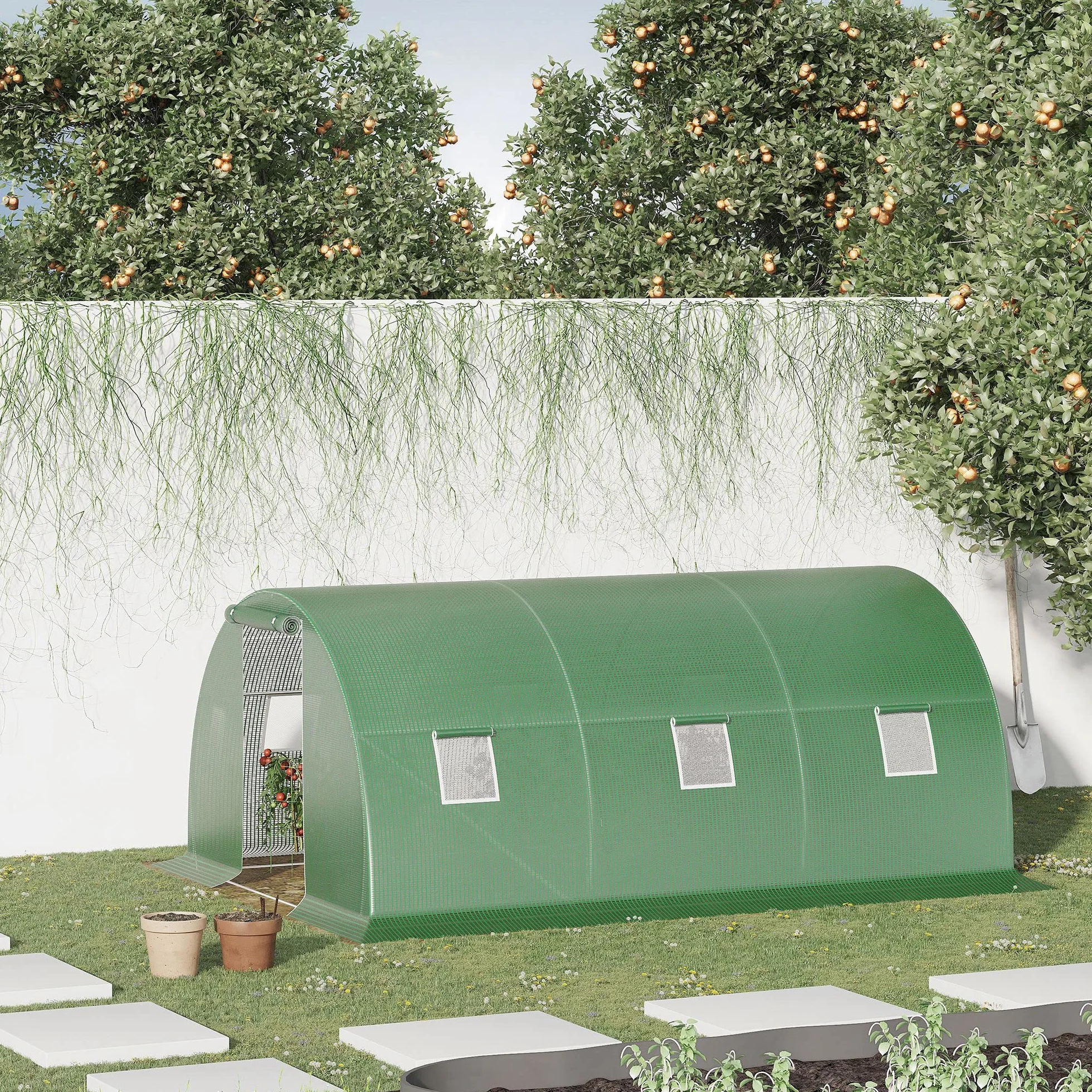Outsunny Serre de Jardin Tunnel 13,5 m² dim. 4,5L x 3l x 2H m - 6 fenêtres, Porte zippée Enroulable - châssis Tubulaire Acier galvanisé, bâche PE Haute densité Vert