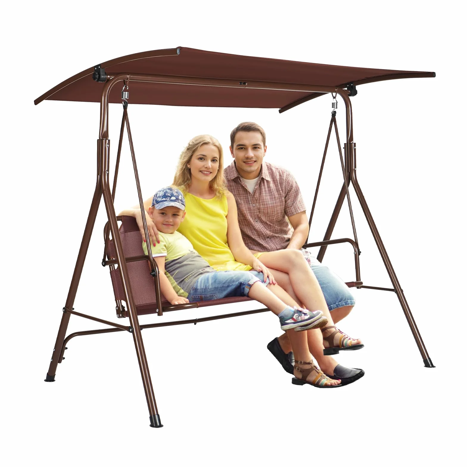 VEVOR Balancelle de terrasse pour 3 Personnes, balançoire avec auvent réglable de Porche, avec accoudoirs, Tissu Teslin, Cadre en Acier allié pour Balcon, Cour, Patio, Jardin, Bord de Piscine, Marron