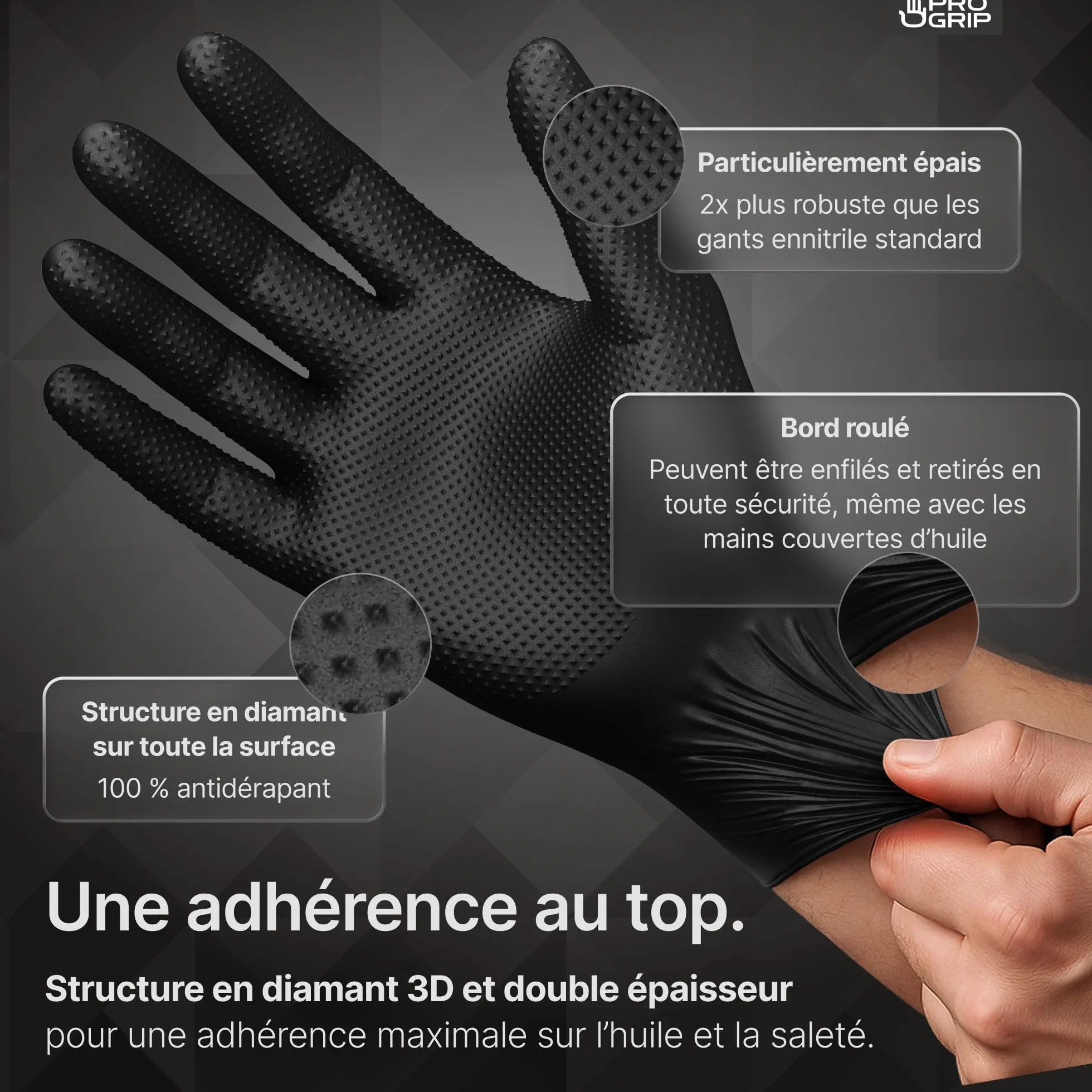 PROGRIP Gants nitrile taille L Noir double épaisseur texture diamantée usage unique atelier industrie montage