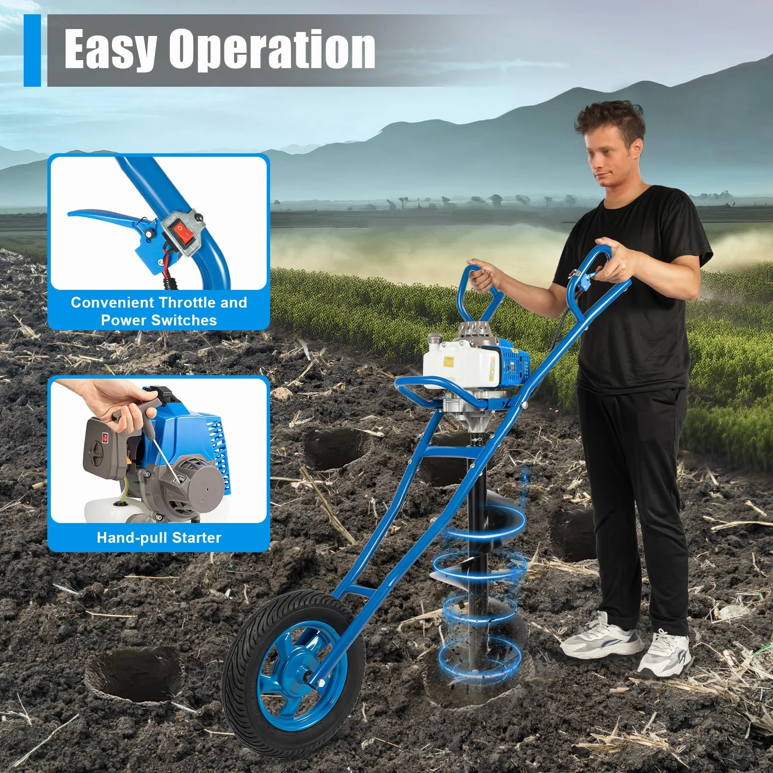 Tarière Thermique 63cc 2 Temps, 2.2KW Tariere Thermique avec Roue, Forage 300mm ,Tarière à Main Outil CreuserTrou pour Agriculture, Jardin, Plantation
