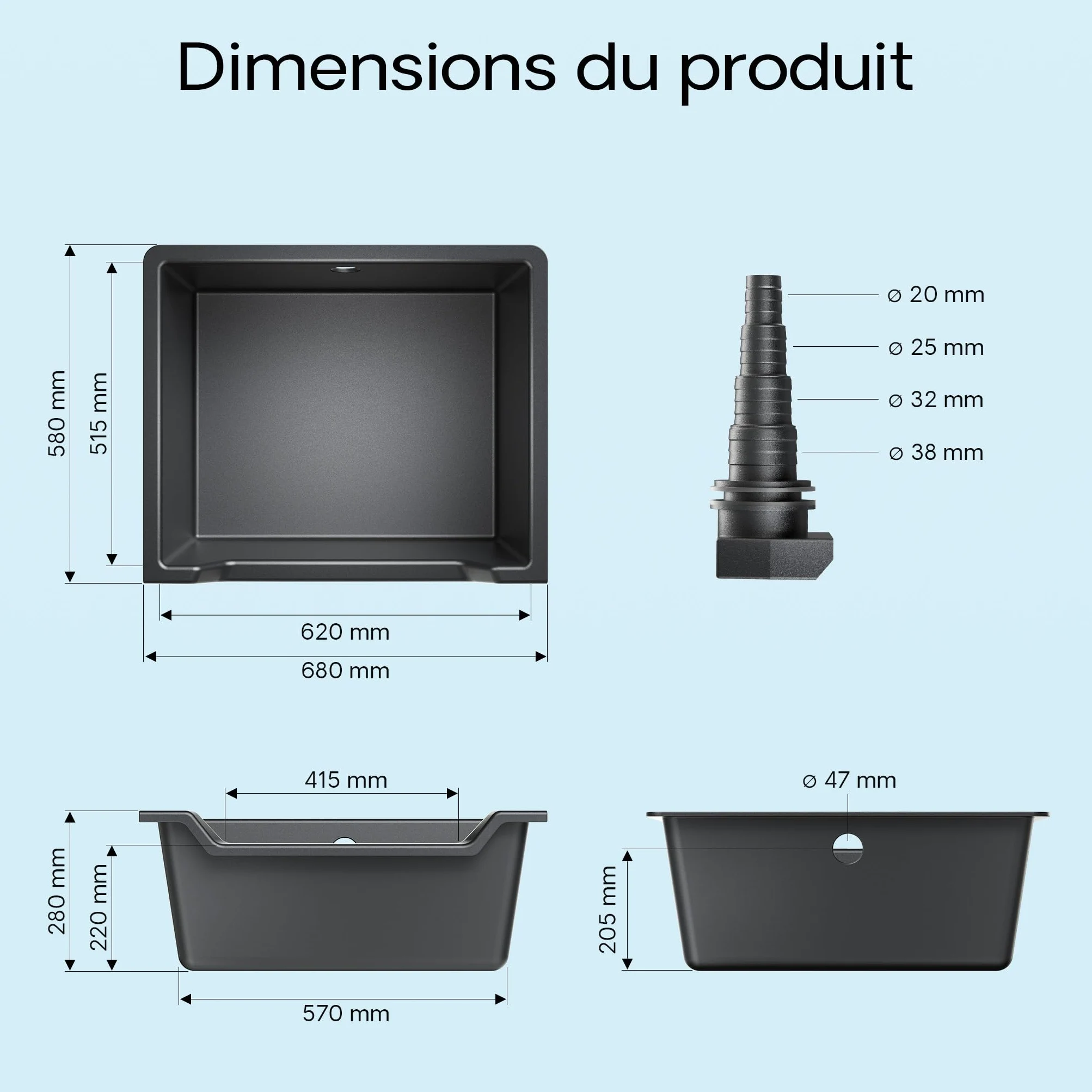 SunSun Bac pour Cascade ou Cours d’Eau en Matière Plastique renforcée de Fibre de Verre 60L