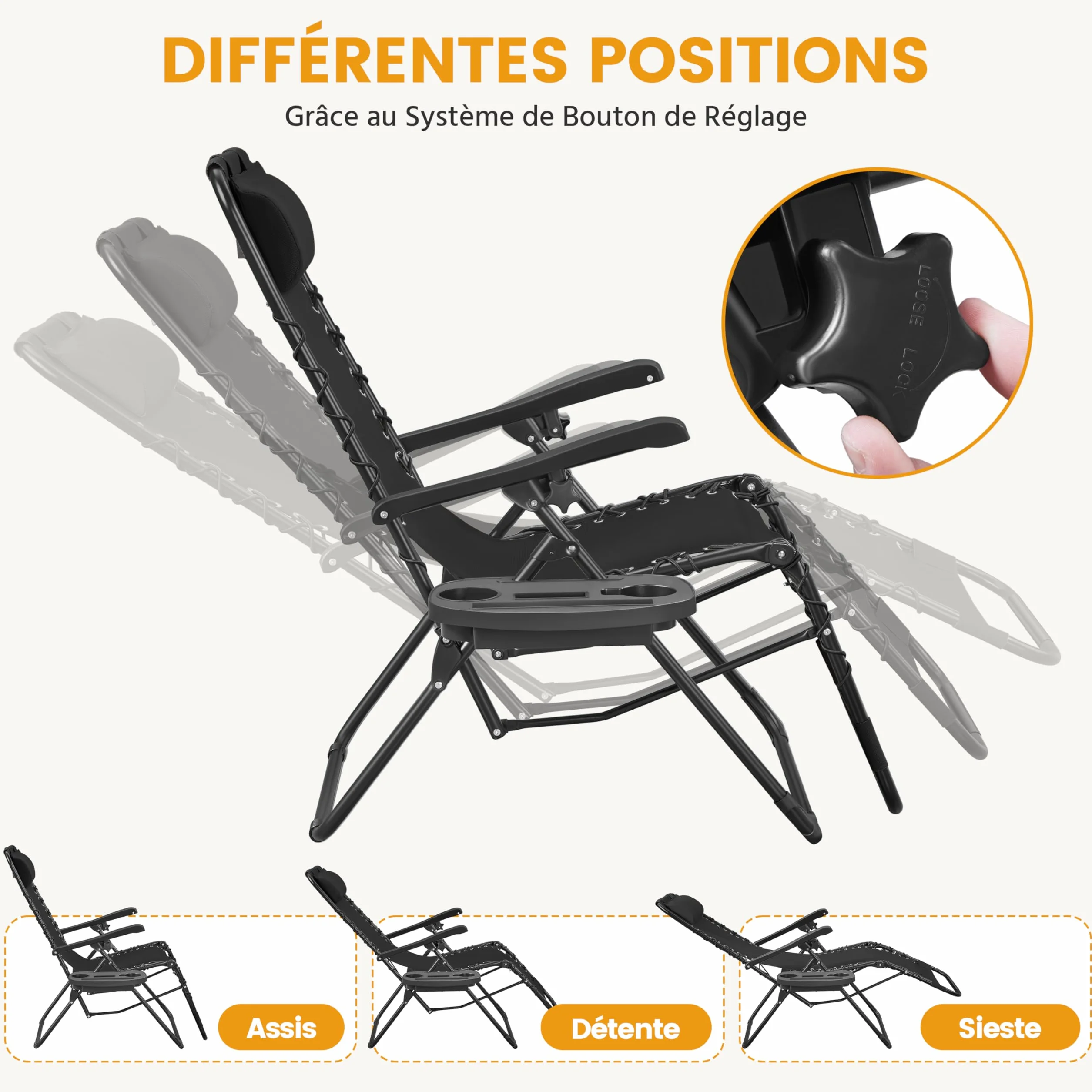 Transat en Textilène avec Plateau Amovible, Lot de 2 Chaise Longue Pliante Zéro Gravité Inclinable, Fauteuil Relax pour Bain de Soleil, Charge 114kg Noir