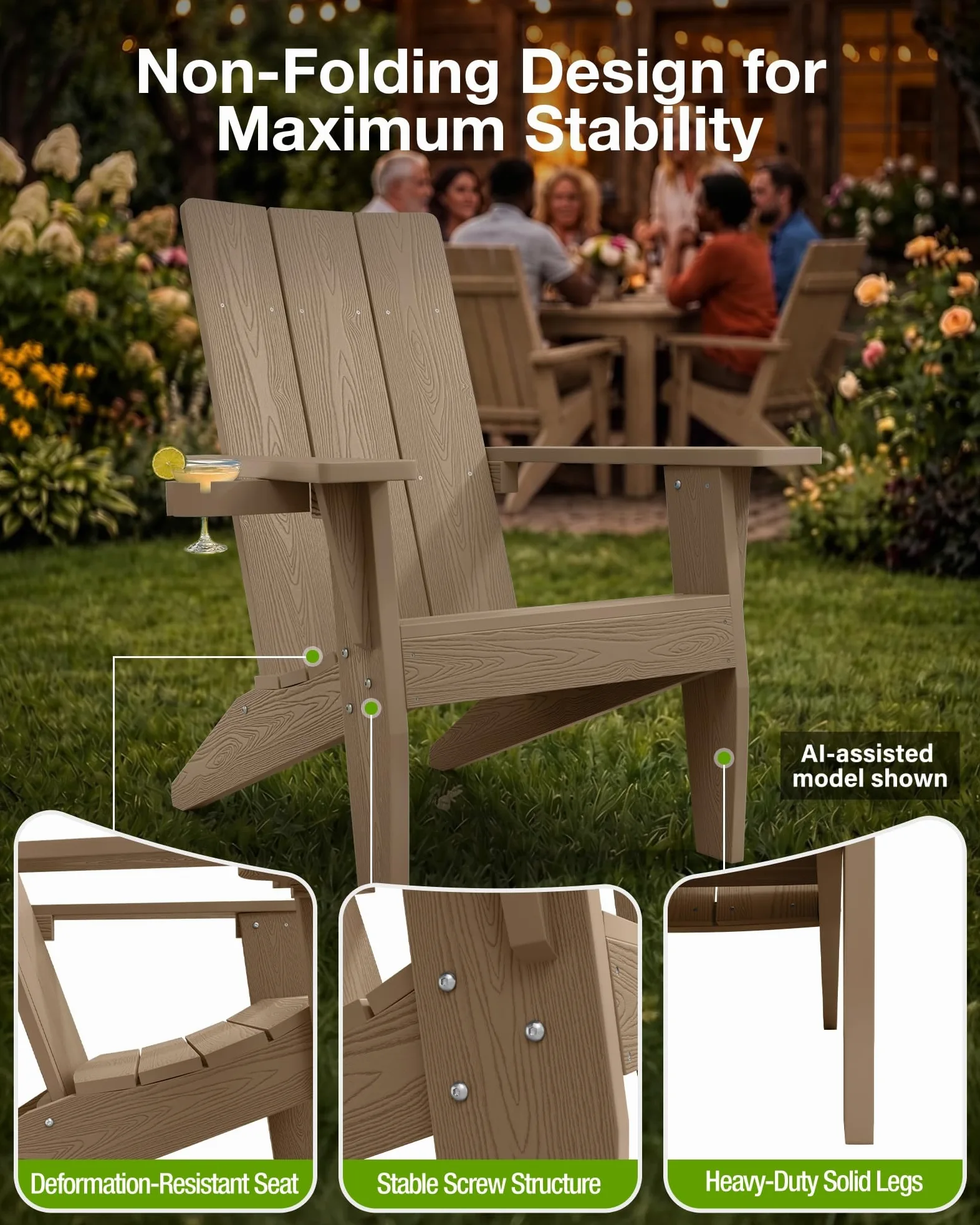 MXIMU Chaise Adirondack Moderne résistante aux intempéries avec Porte-gobelet – Chaises d'extérieur en Plastique surdimensionnées pour Foyer (Teck)