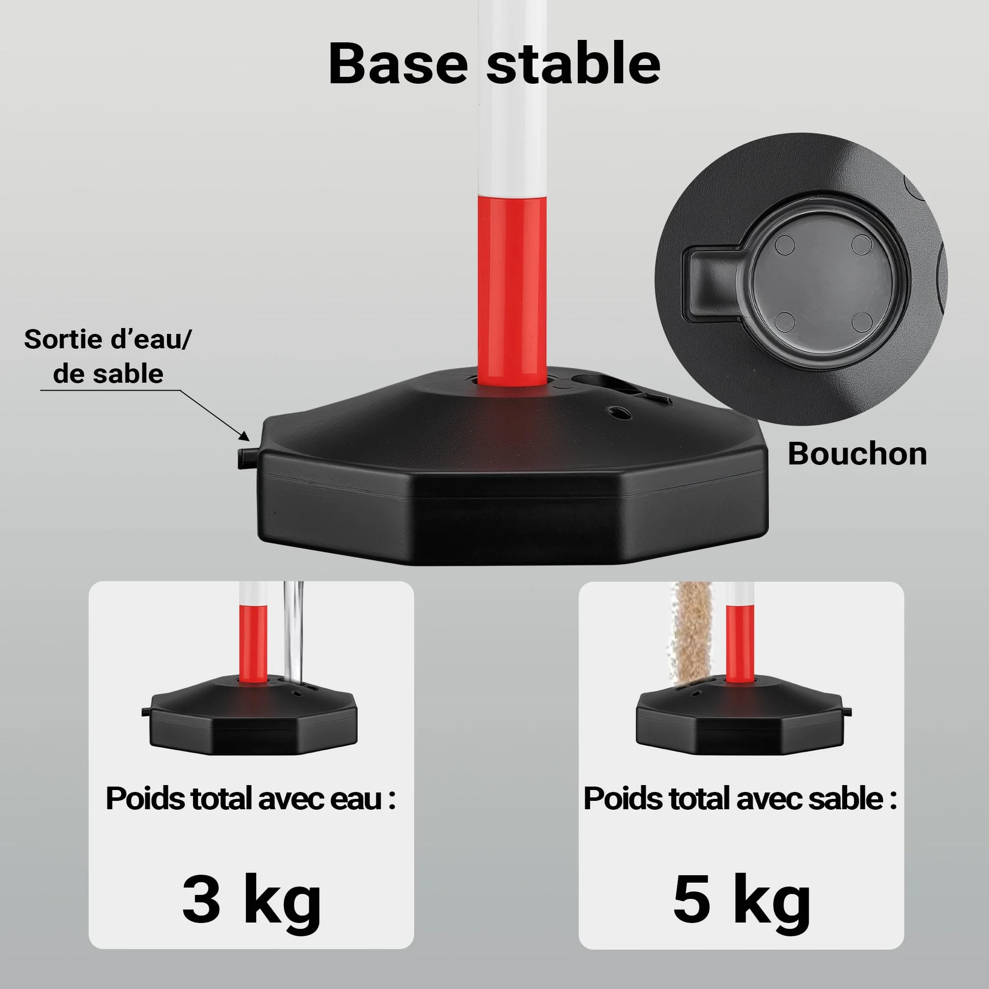 Wiltec Poteaux de chaîne 80 x 28 x 28 cm rouge blanc chaîne 1,4 m crochets S base remplissable bornes stationnement