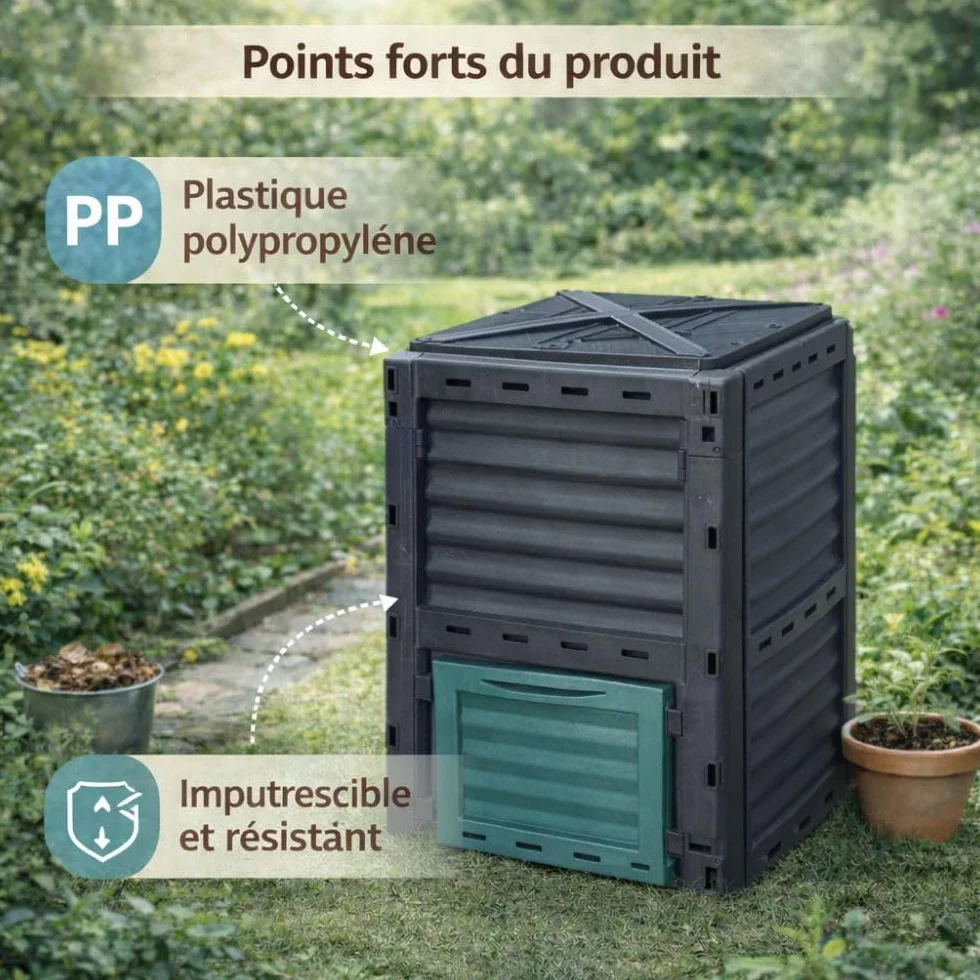 Composteur de Jardin 300 L Bac à Compost 83 x 61 x 61 cm Polypropylène