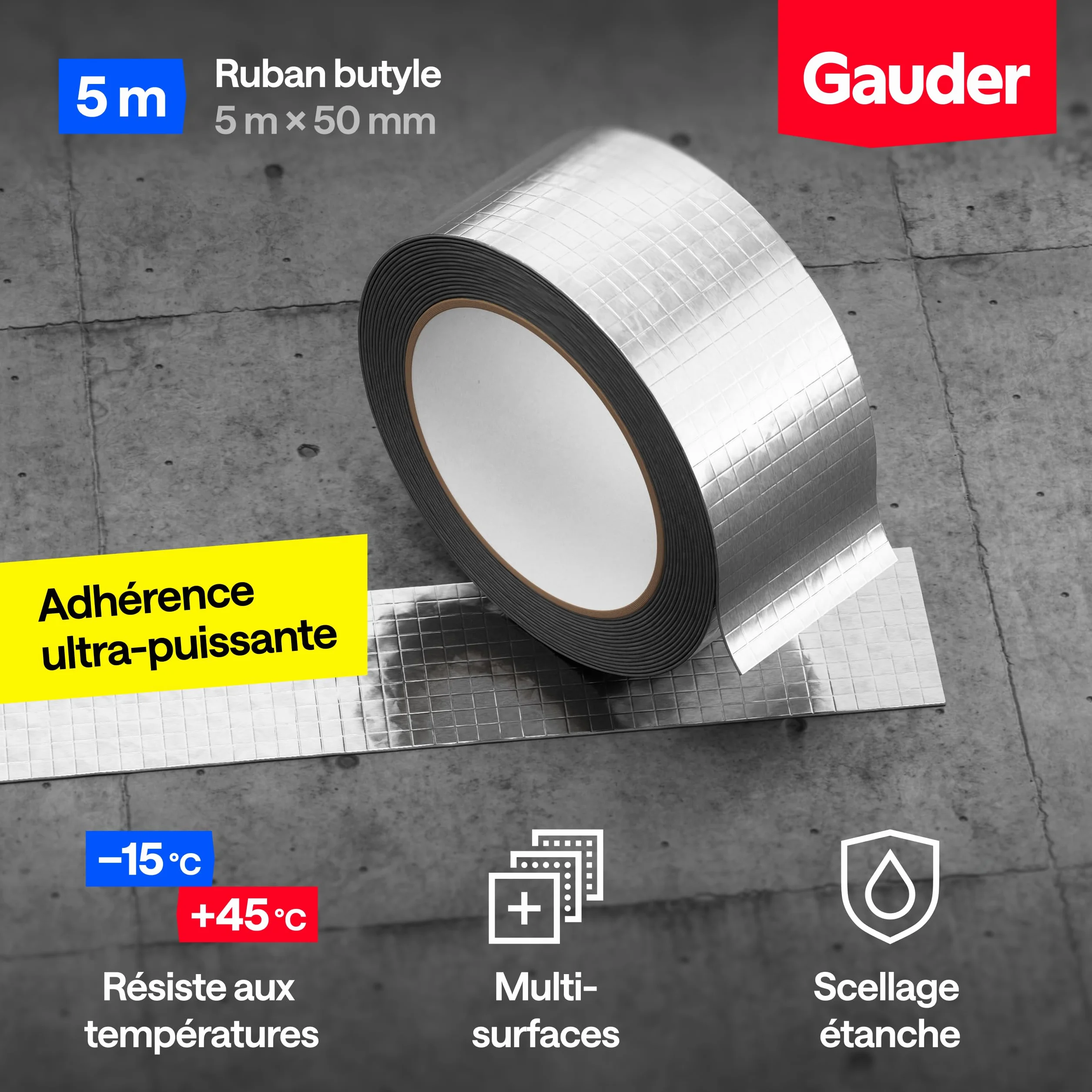 GAUDER Bande Butyle étanche adhésive 50 mm x 5 m pour toit, gouttière et camping-car