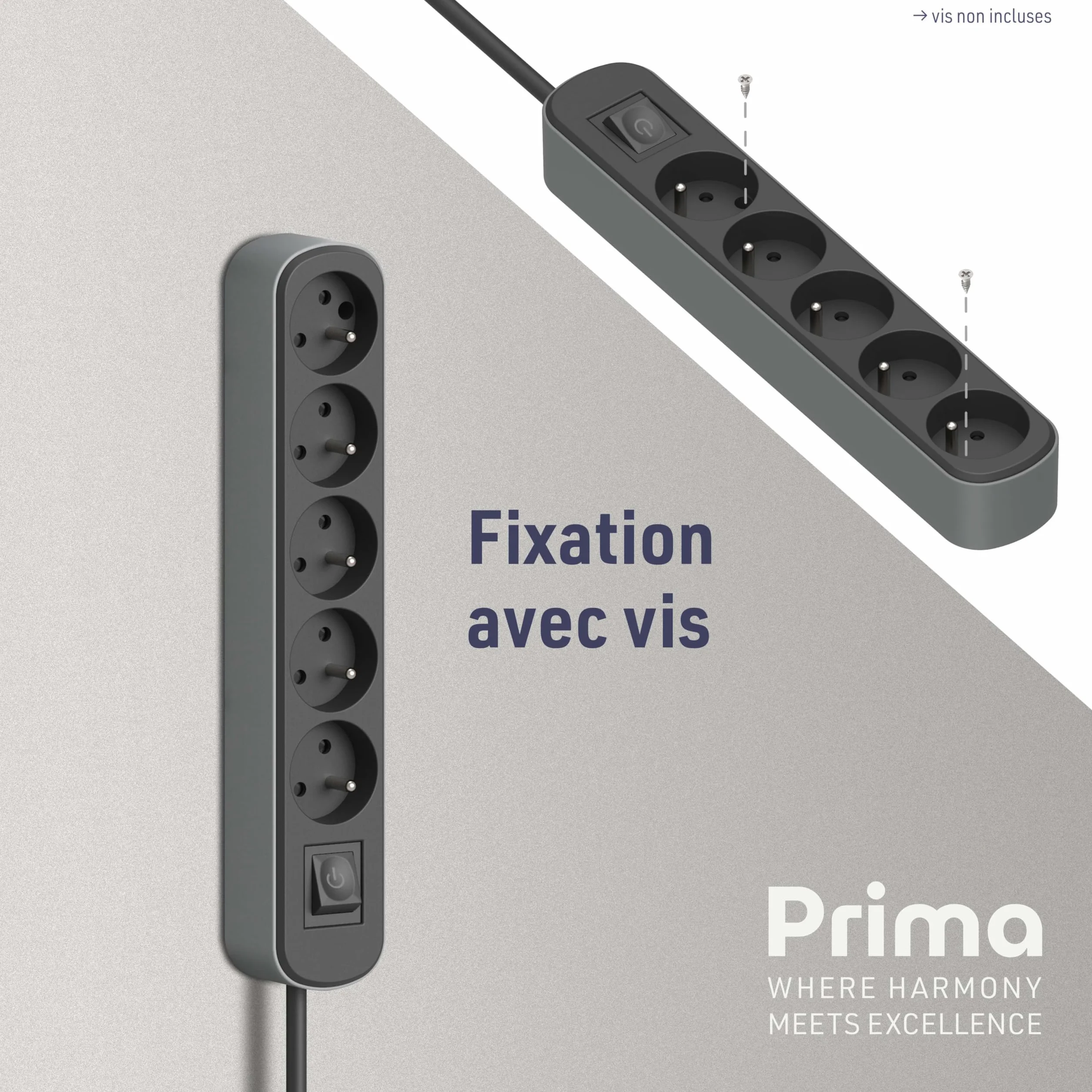 Electraline Bloc Multiprise Prima 5 Prises 16A Interrupteur 1.5 Mètres Noir Gris